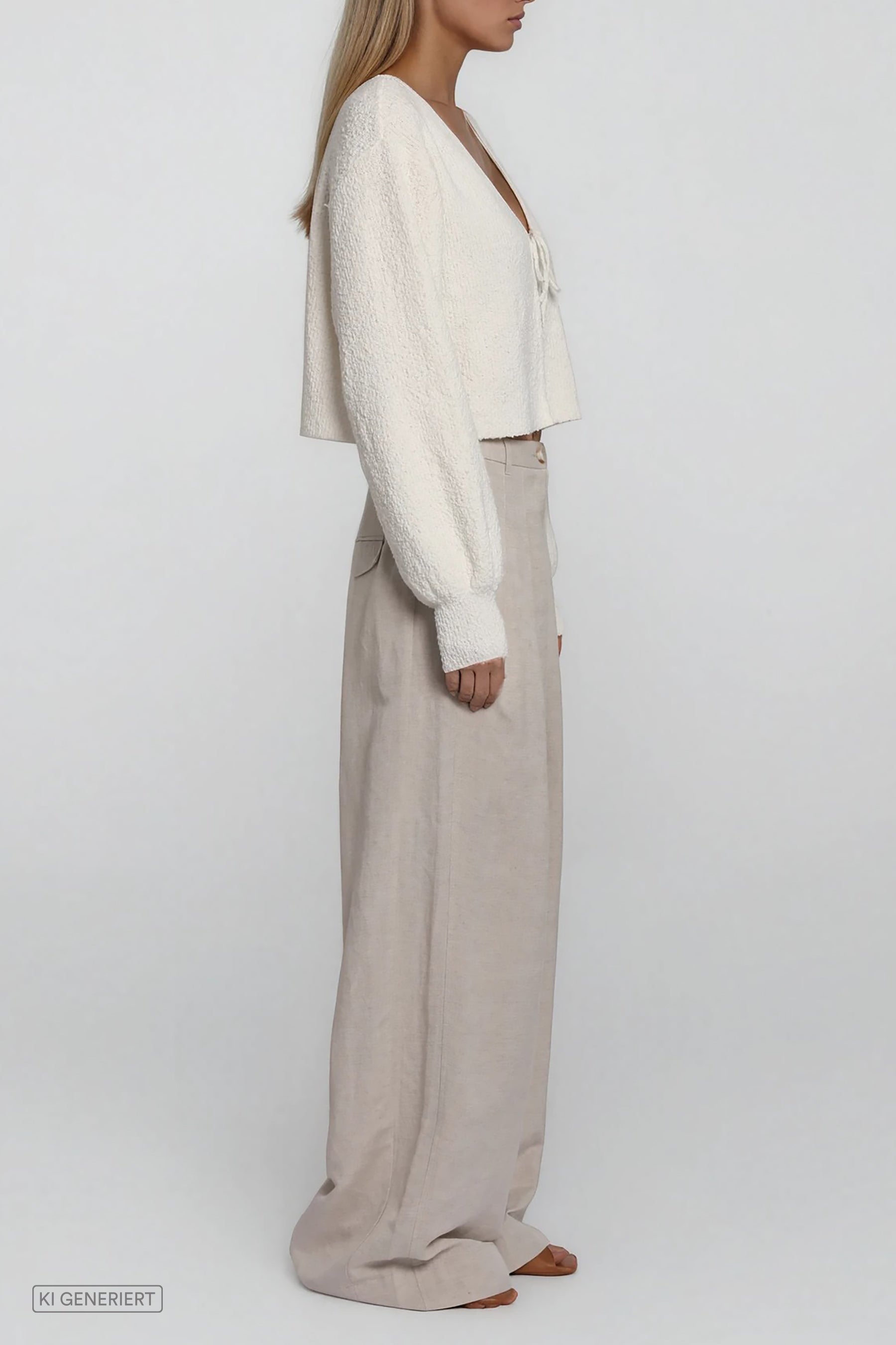 Seitliche Ansicht eines cropped Strick-Cardigans in Offwhite mit voluminösen Ärmeln