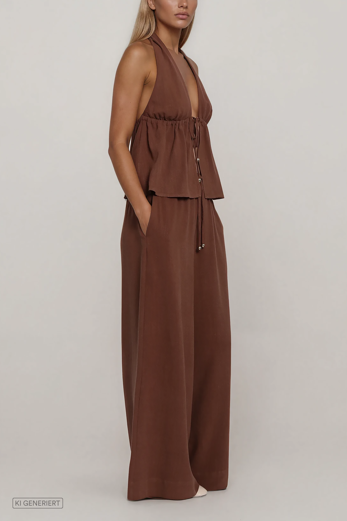 Braunes Set mit Neckholder-Top und weiter Hose in Seitenansicht