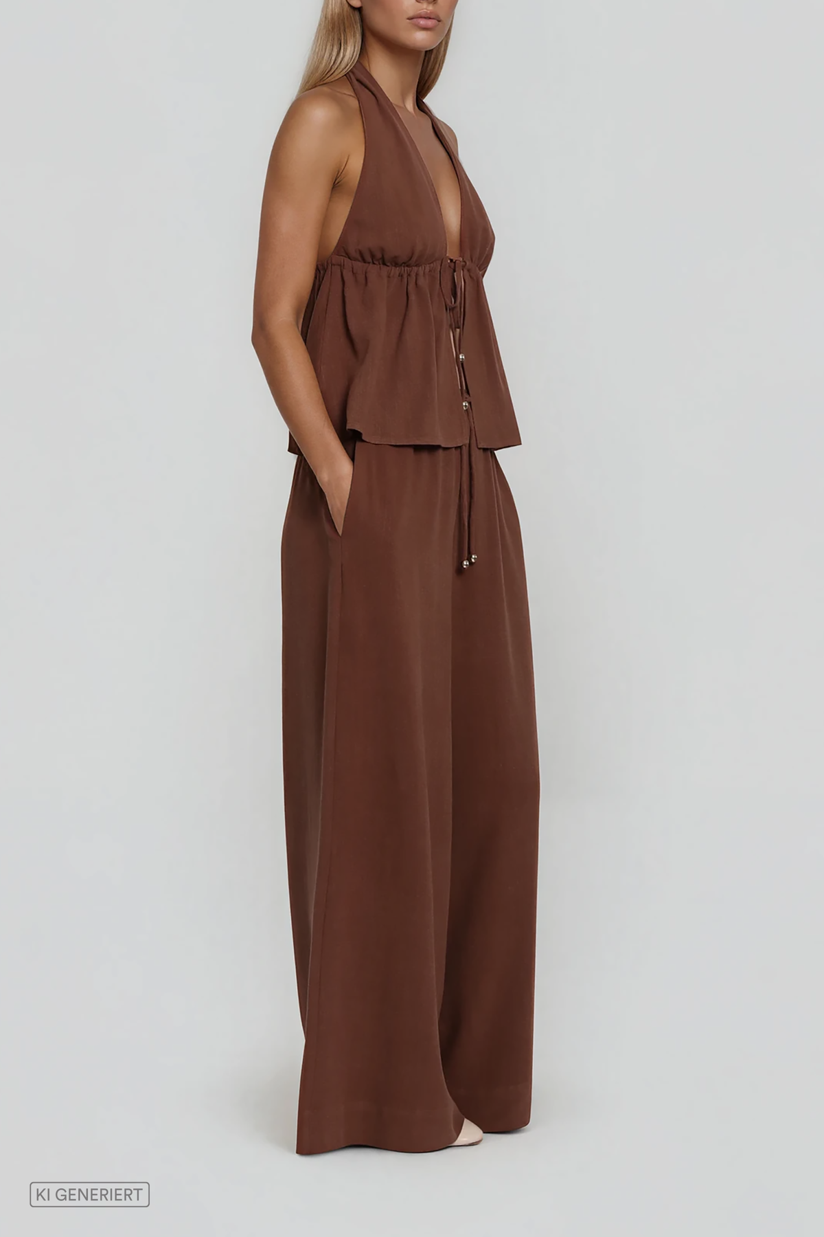 Braunes Set mit Neckholder-Top und weiter Hose in Seitenansicht