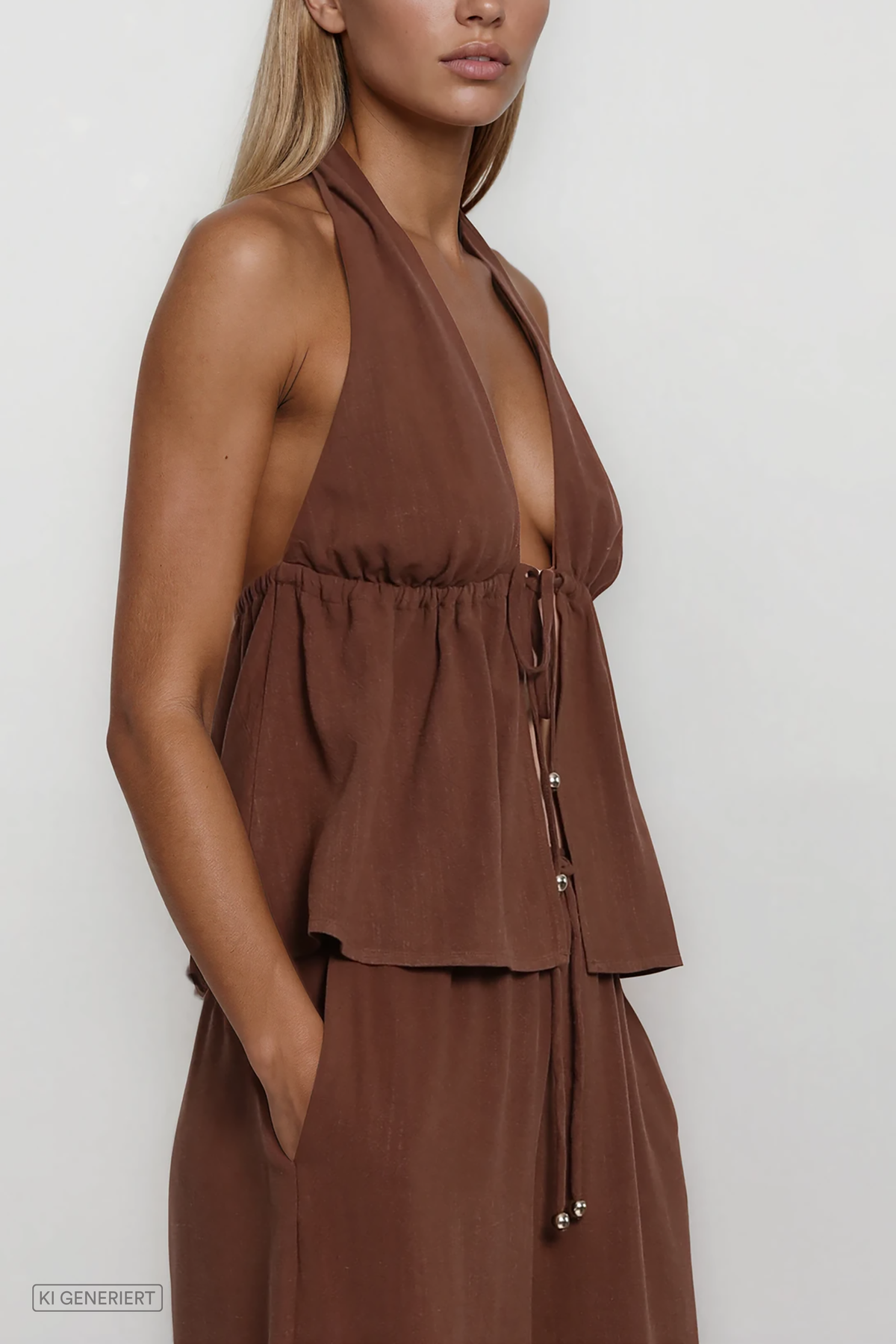 Detailaufnahme des braunen Neckholder-Tops mit Bindeband und geraffter Taille