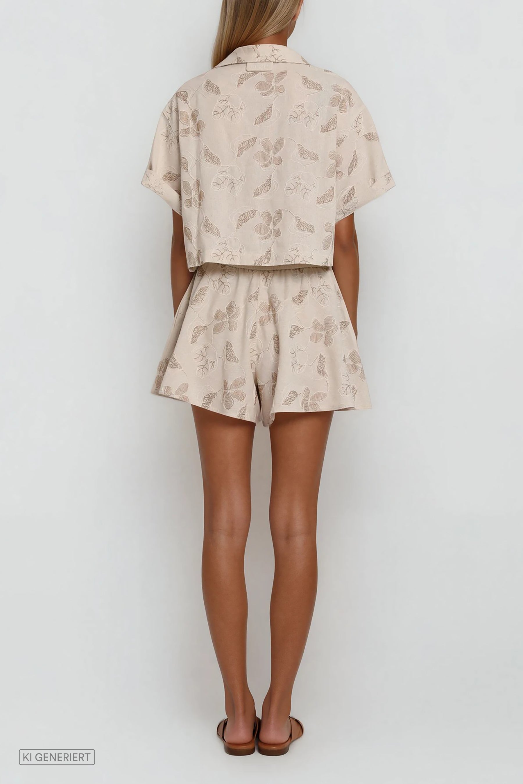 Beigefarbenes Set aus kurzärmligem Hemd und Shorts mit floralem Muster, Rückansicht