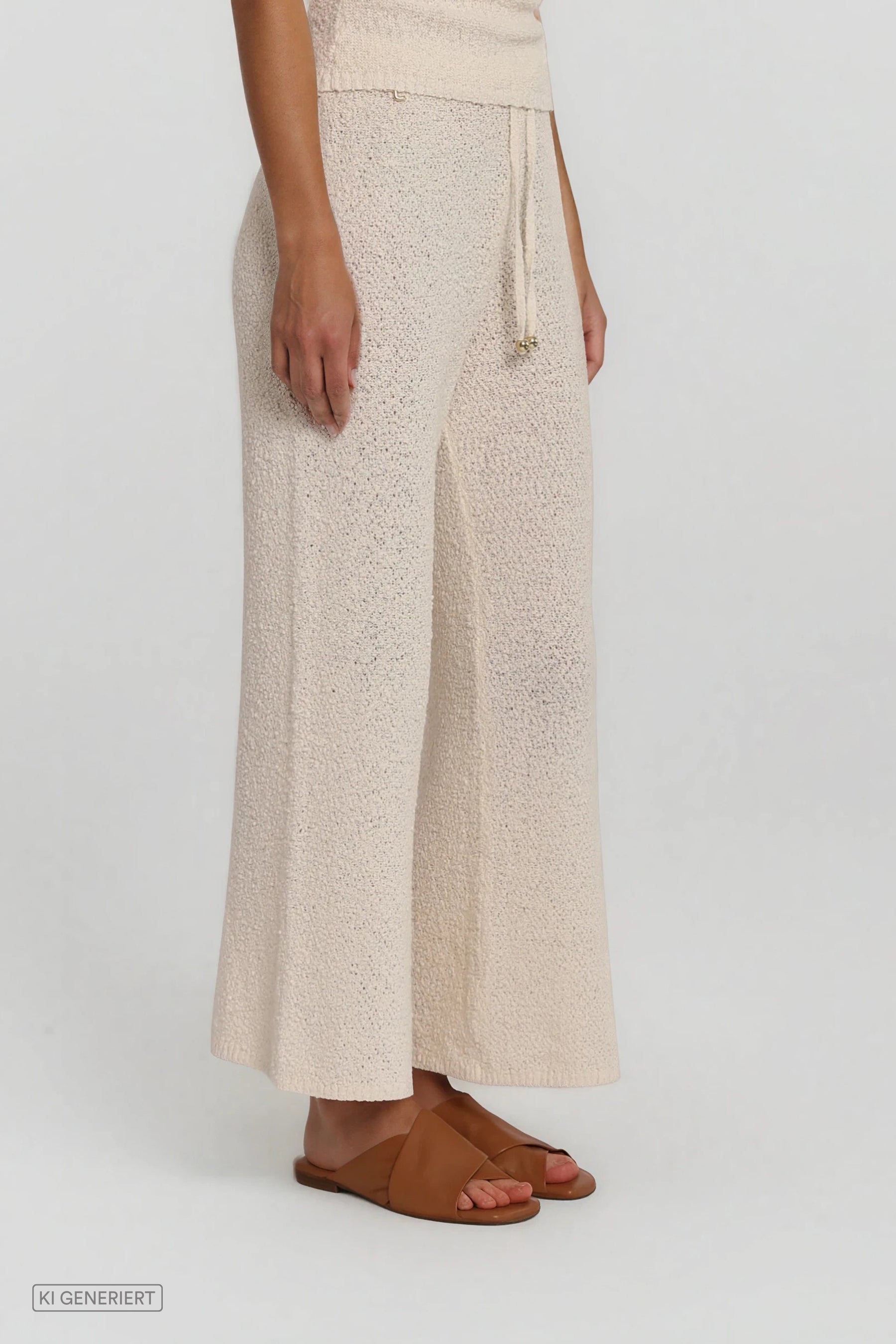 Beige Strickhose mit geradem Bein, elastischem Bund und Tunnelzug mit Kordel