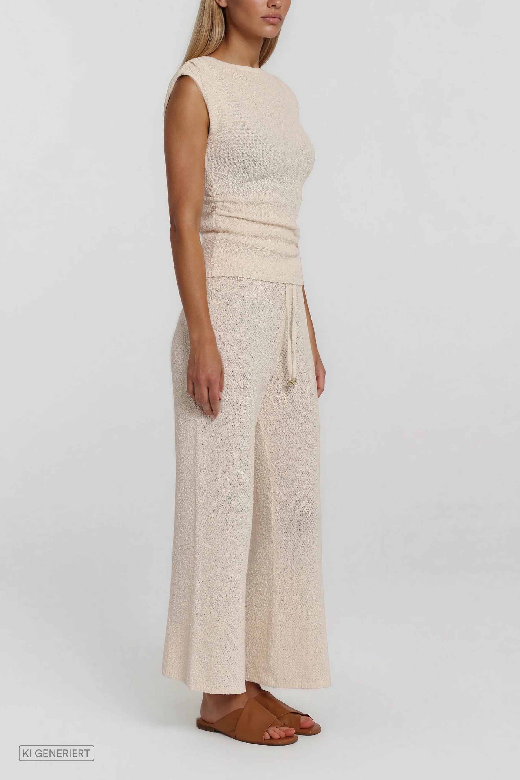 eitliche Ansicht der beigen Strickhose mit lockerem Fall und strukturierter Oberfläche