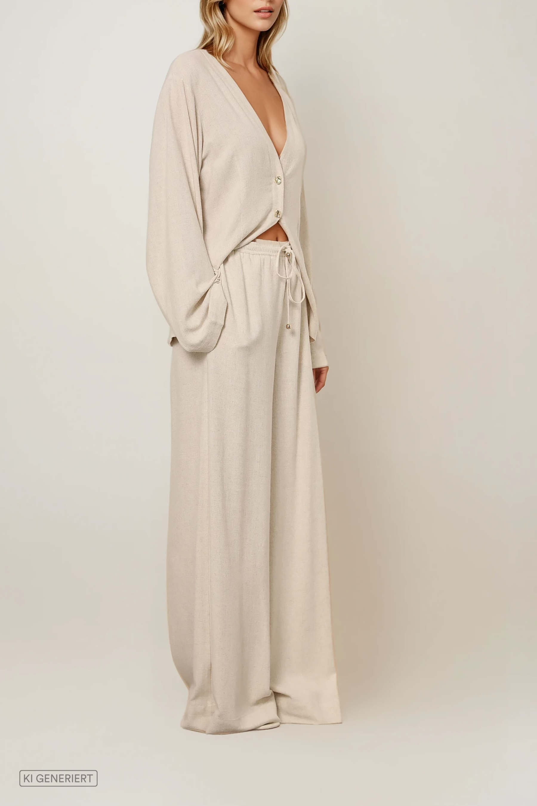 Beige Bluse mit V-Ausschnitt und Knopfleiste, locker geschnitten mit langen Ärmeln, kombiniert mit weiter, fließender Hose im monochromen Look.