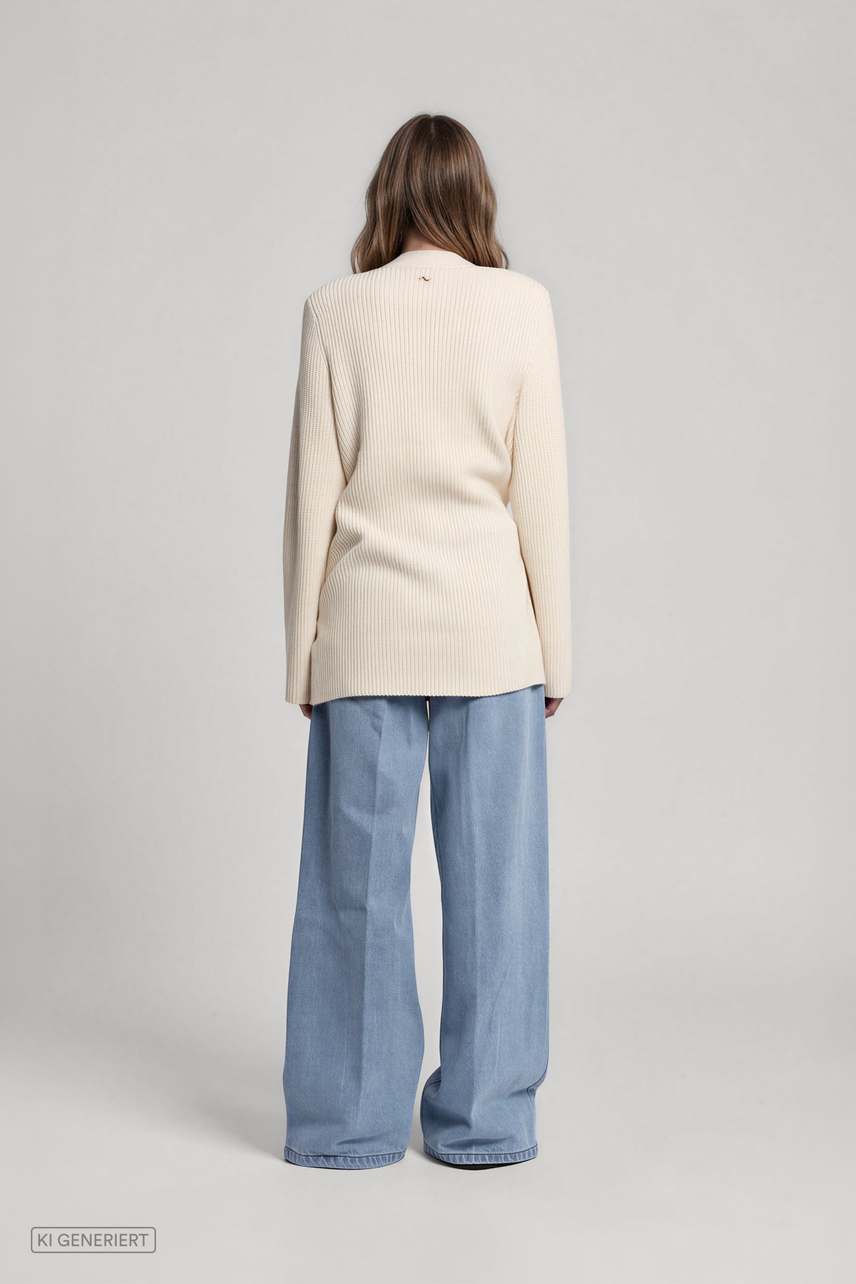 Rückansicht eines Models in einem cremeweißen, gerippten Strickoberteil mit langen Ärmeln und weit geschnittener hellblauer Jeans.