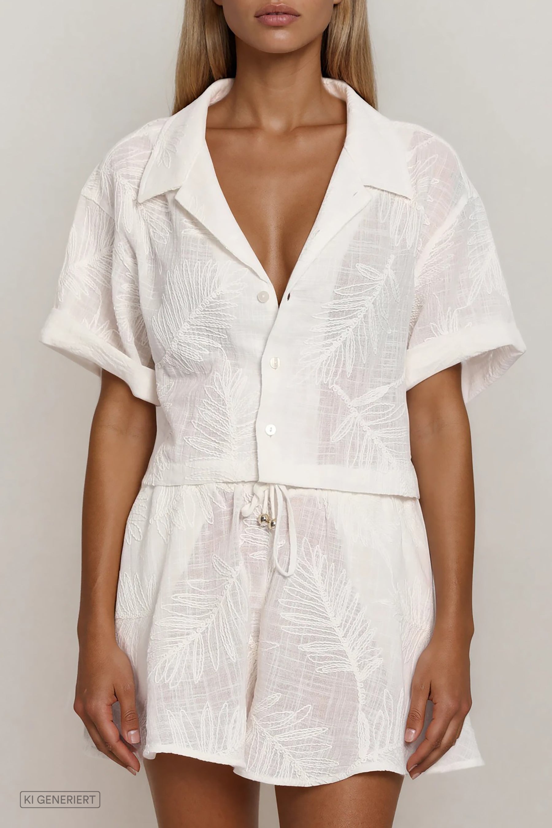 Off-White Bluse mit Reverskragen und Knöpfen, leicht transparente Struktur mit Blattmuster, Detailansicht am Model