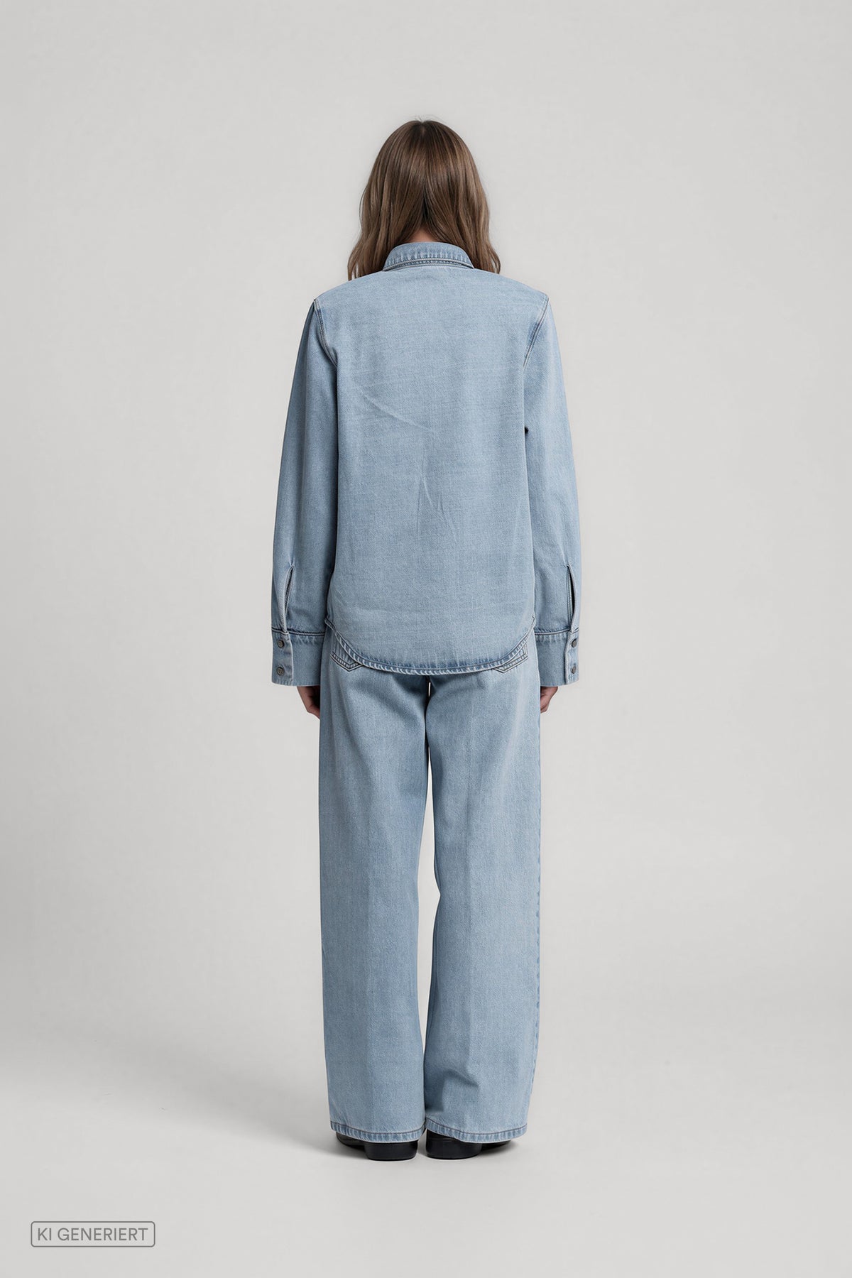 Rückansicht eines Models in einem hellblauen Denim-Outfit aus langärmligem Jeanshemd mit Hemdkragen und weit geschnittener Jeanshose.