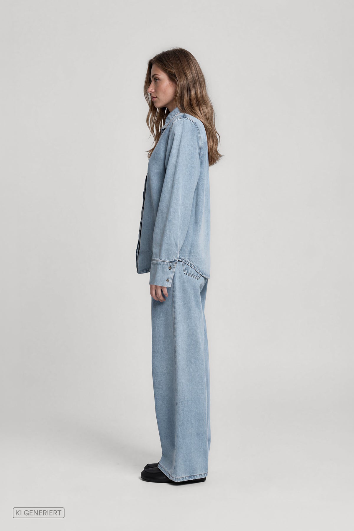 Seitenansicht eines Models in einem hellblauen Denim-Outfit aus langärmligem Jeanshemd mit Hemdkragen und weit geschnittener Jeanshose.