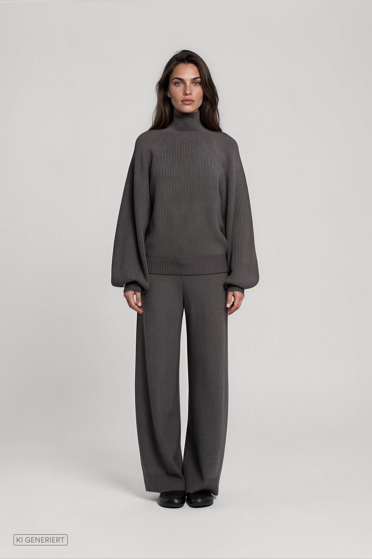 Frontalansicht eines Models in einem dunkelgrauen Strickset aus geripptem Rollkragenpullover mit weiten Ärmeln und weit geschnittener Strickhose.