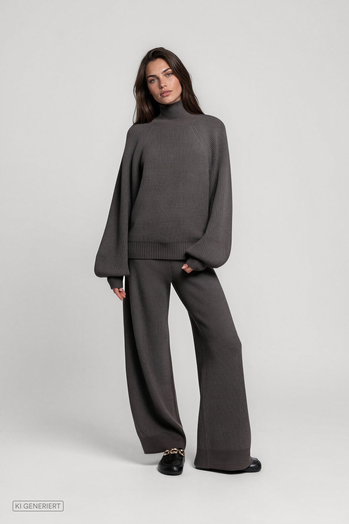 Vorderansicht eines Models in einem dunkelgrauen Strickset aus geripptem Rollkragenpullover mit weiten Ärmeln und weit geschnittener Strickhose.