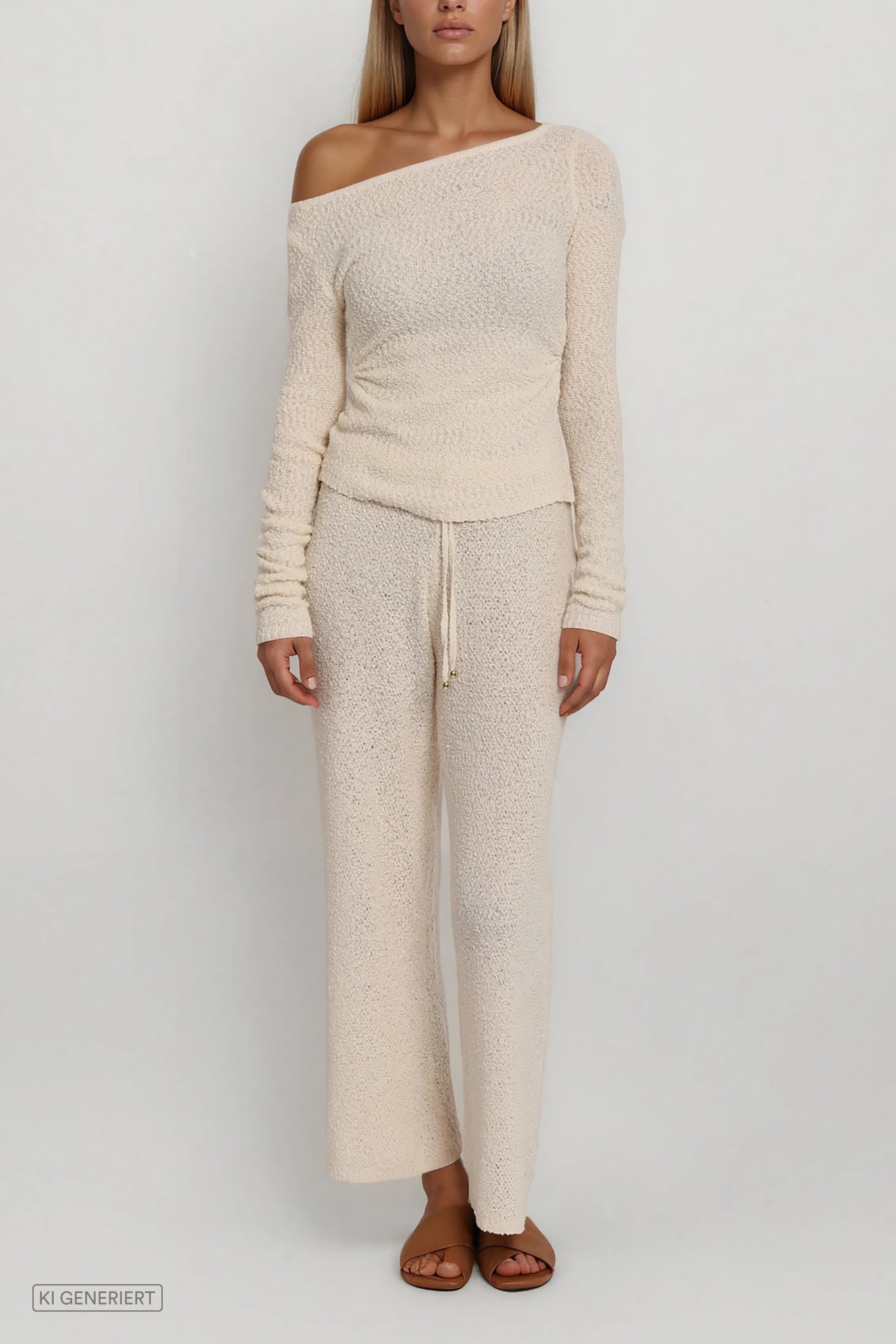 Frontansicht eines beigen Strick-Sets mit asymmetrisch getragenem One-Shoulder-Oberteil und weiter Hose