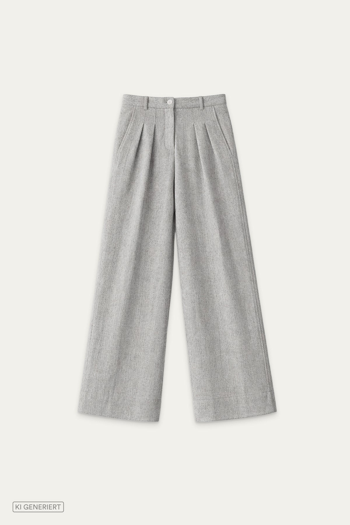 Hellgraue Wide-Leg-Hose mit Bundfalten, Gürtelschlaufen und seitlichen Eingrifftaschen in Vorderansicht.