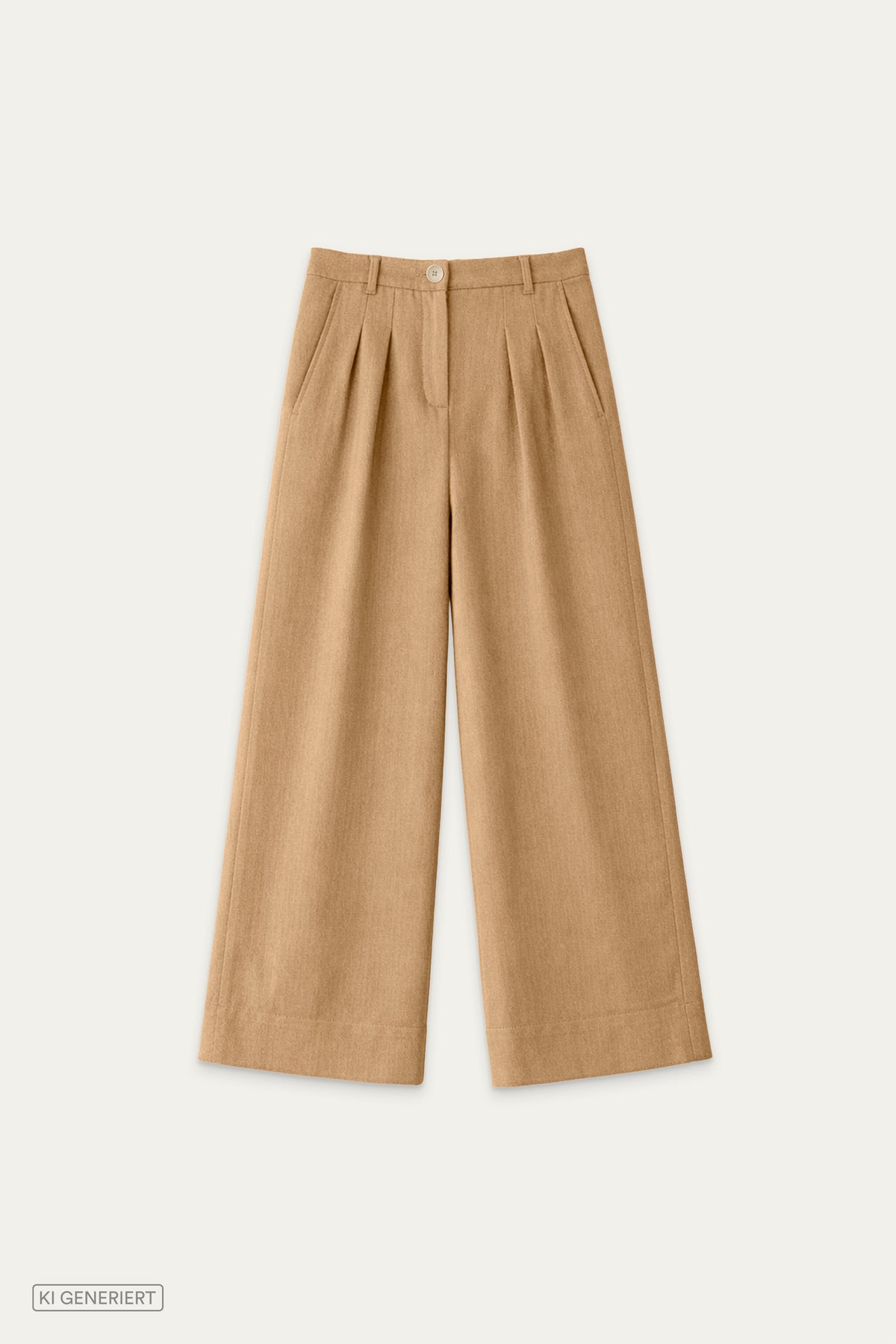 Camelbraune Wide-Leg-Hose mit Bundfalten, Gürtelschlaufen und seitlichen Eingrifftaschen in Vorderansicht.