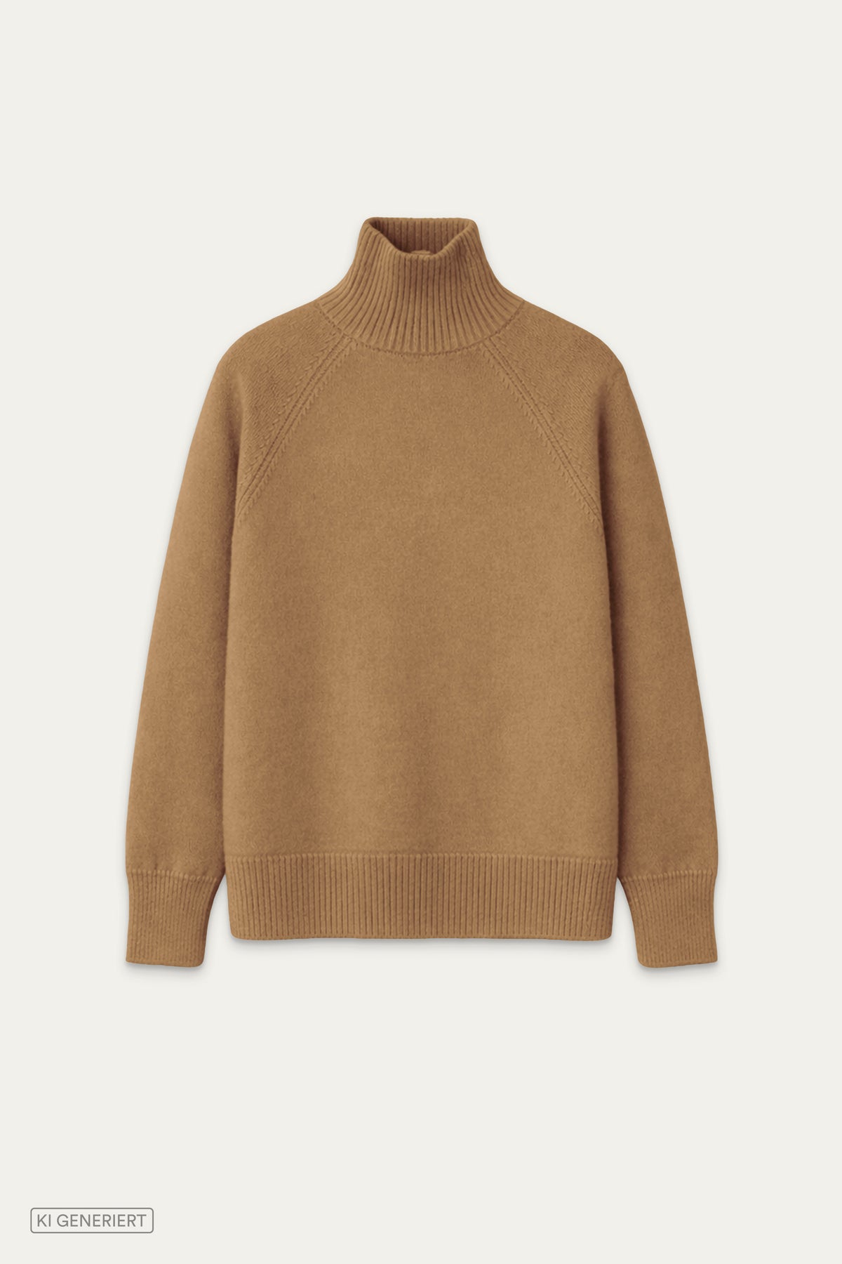 Camelbrauner Strickpullover mit Rollkragen, Raglanärmeln und Rippbündchen in Vorderansicht.