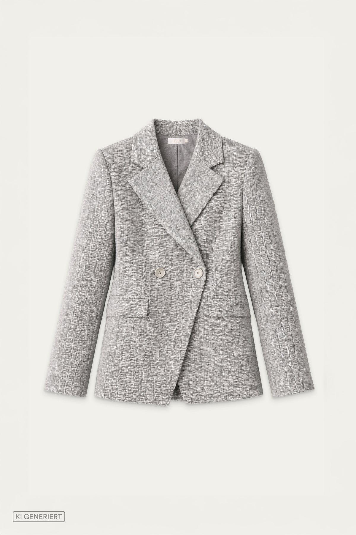 DELIA Blazer Herringbone Grey von LEZU, zweireihiger Damenblazer aus grauem Fischgrät-Wollmix mit Reverskragen und Pattentaschen.
