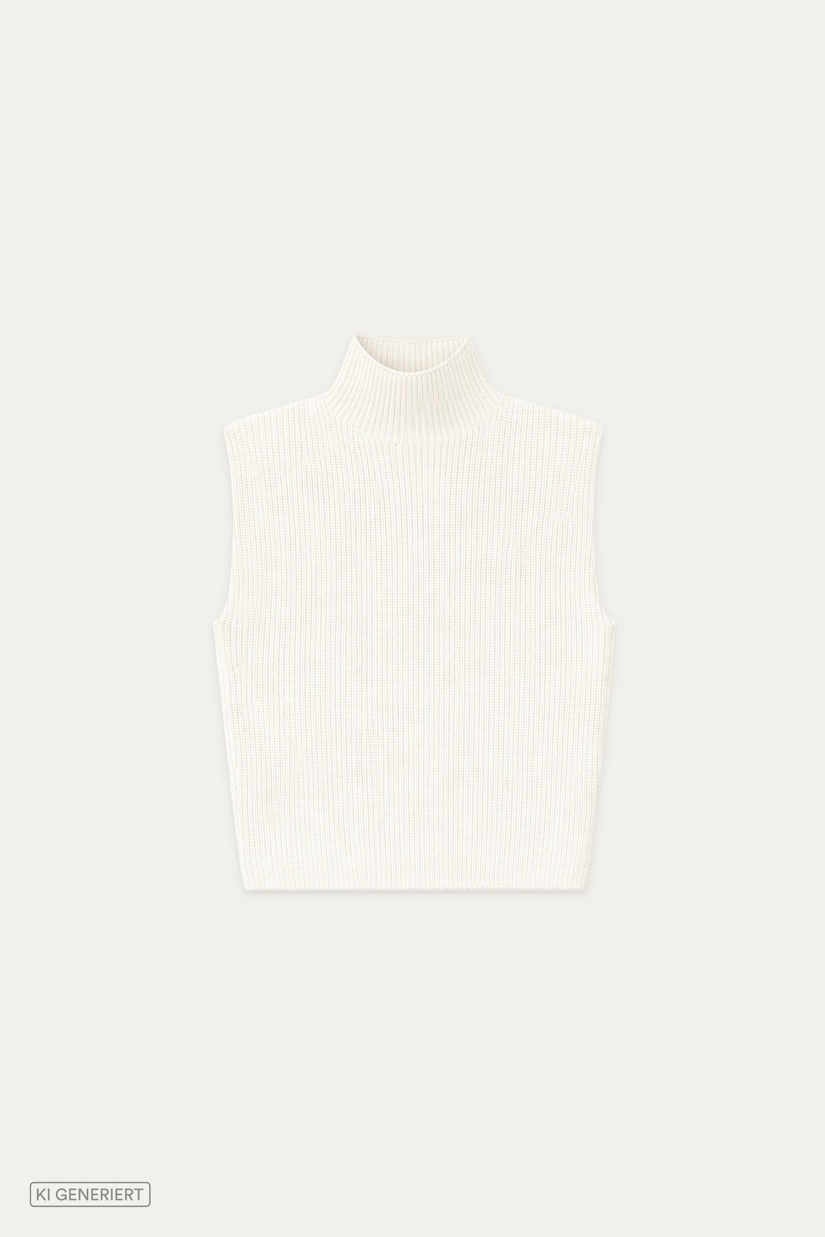 Cremeweißer ärmelloser Strickpullover mit hohem Stehkragen in Vorderansicht.
