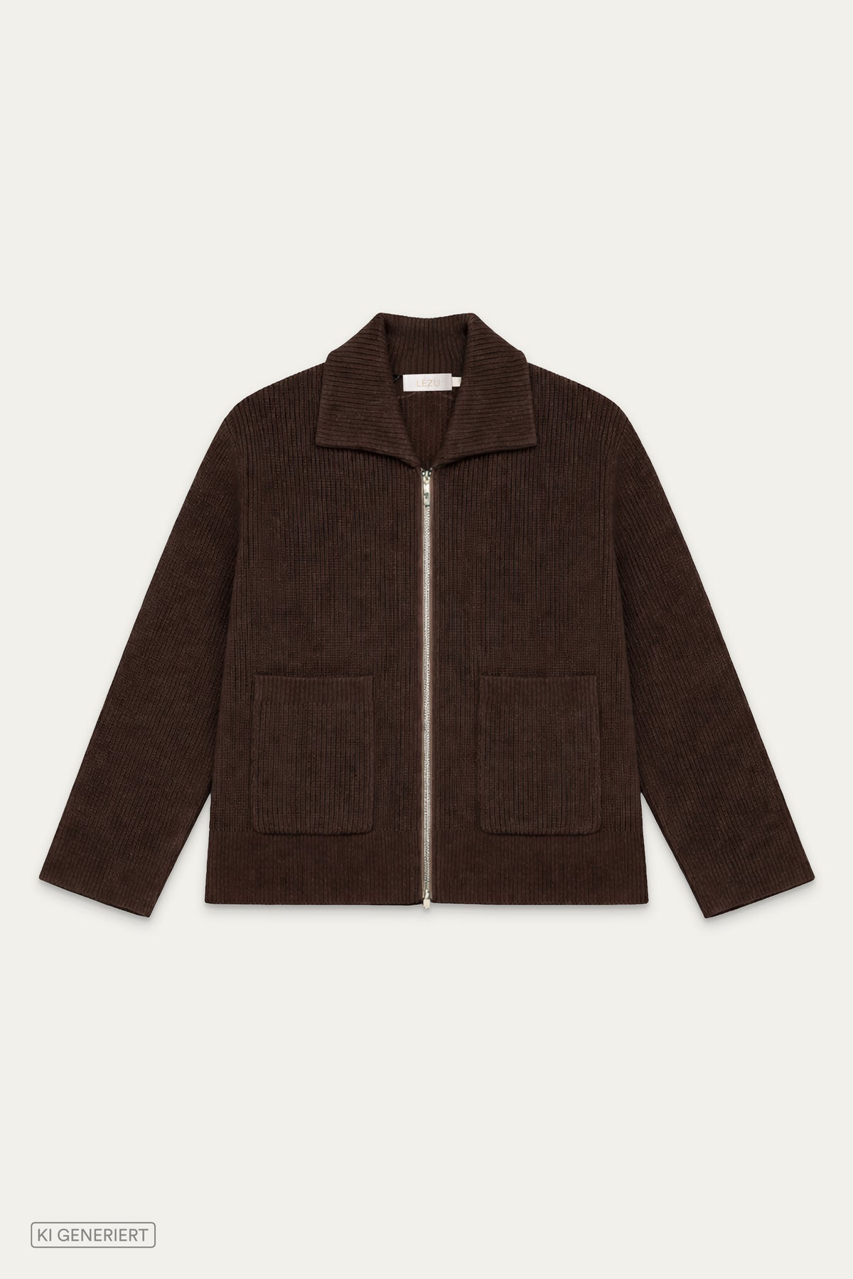Dunkelbraune Strickjacke mit Reißverschluss, Umlegekragen, zwei aufgesetzten Taschen und langen Ärmeln in Vorderansicht.