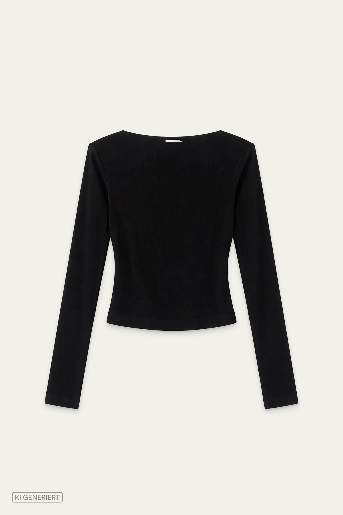 Schwarzes tailliertes Langarmshirt mit weitem Rundhalsausschnitt in Vorderansicht.