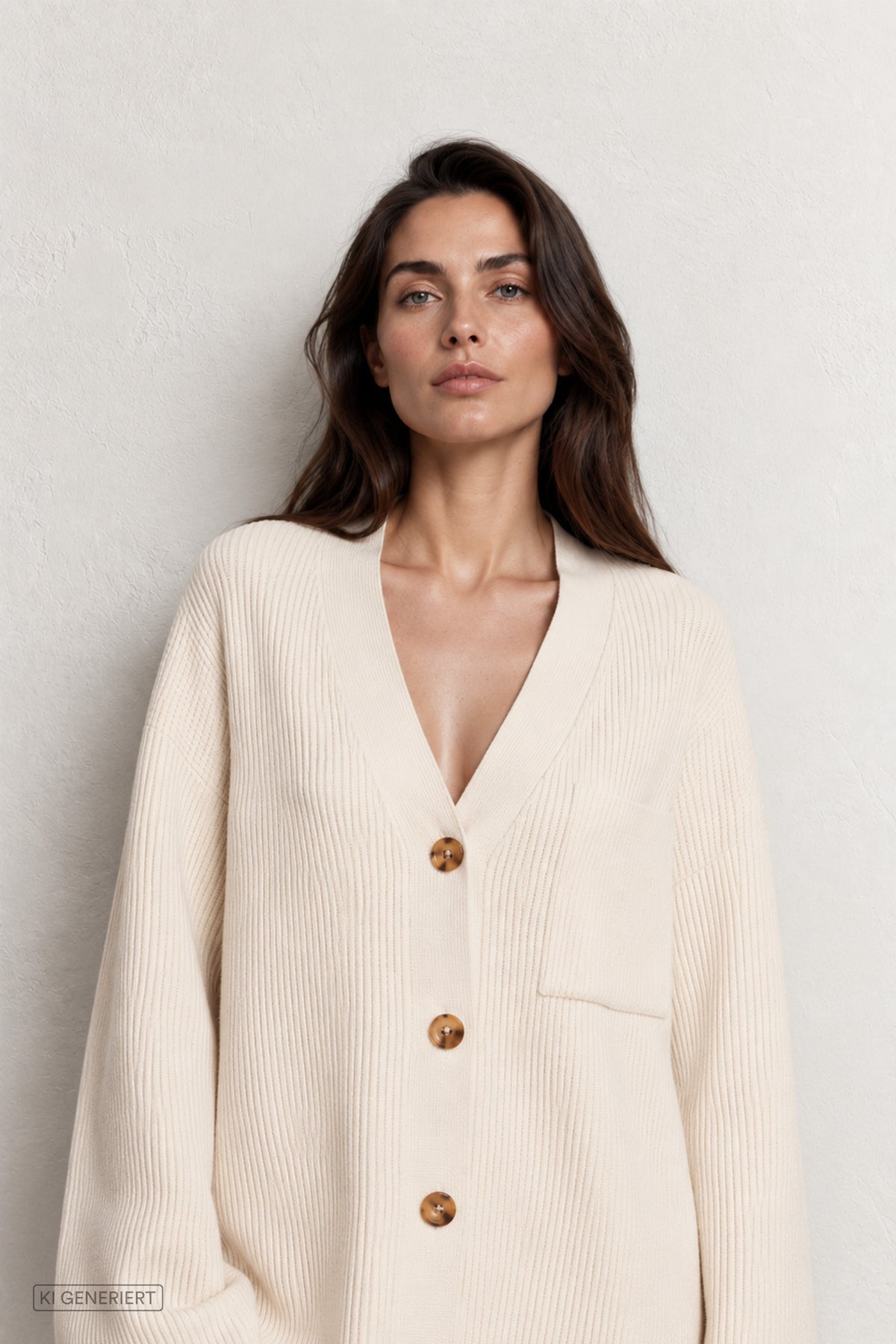 Model in cremefarbener Strickjacke mit V-Ausschnitt, braunen Knöpfen und aufgesetzter Brusttasche.
