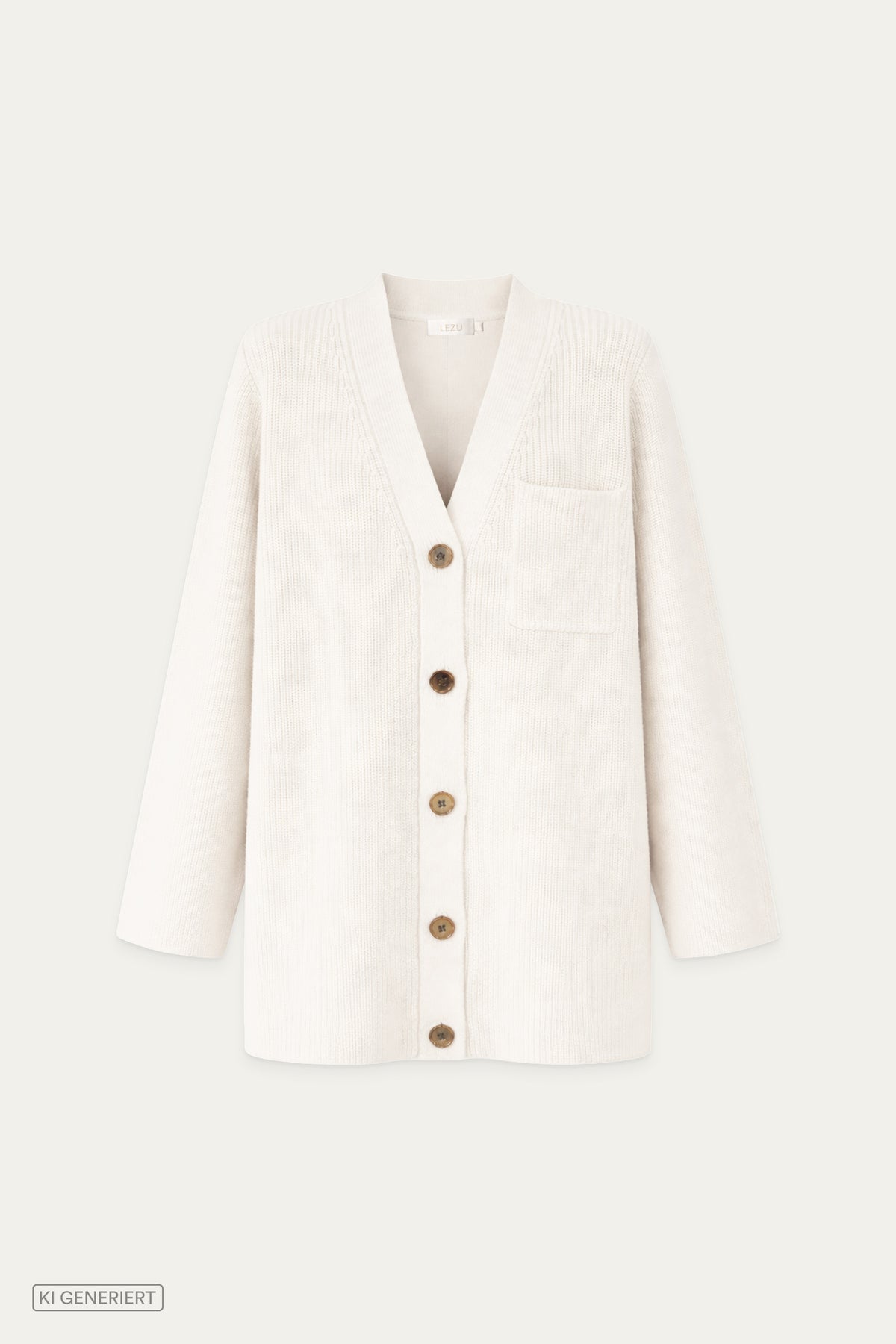 Cremeweiße lange Strickjacke mit V-Ausschnitt, Knopfleiste, aufgesetzter Brusttasche und langen Ärmeln in Vorderansicht.