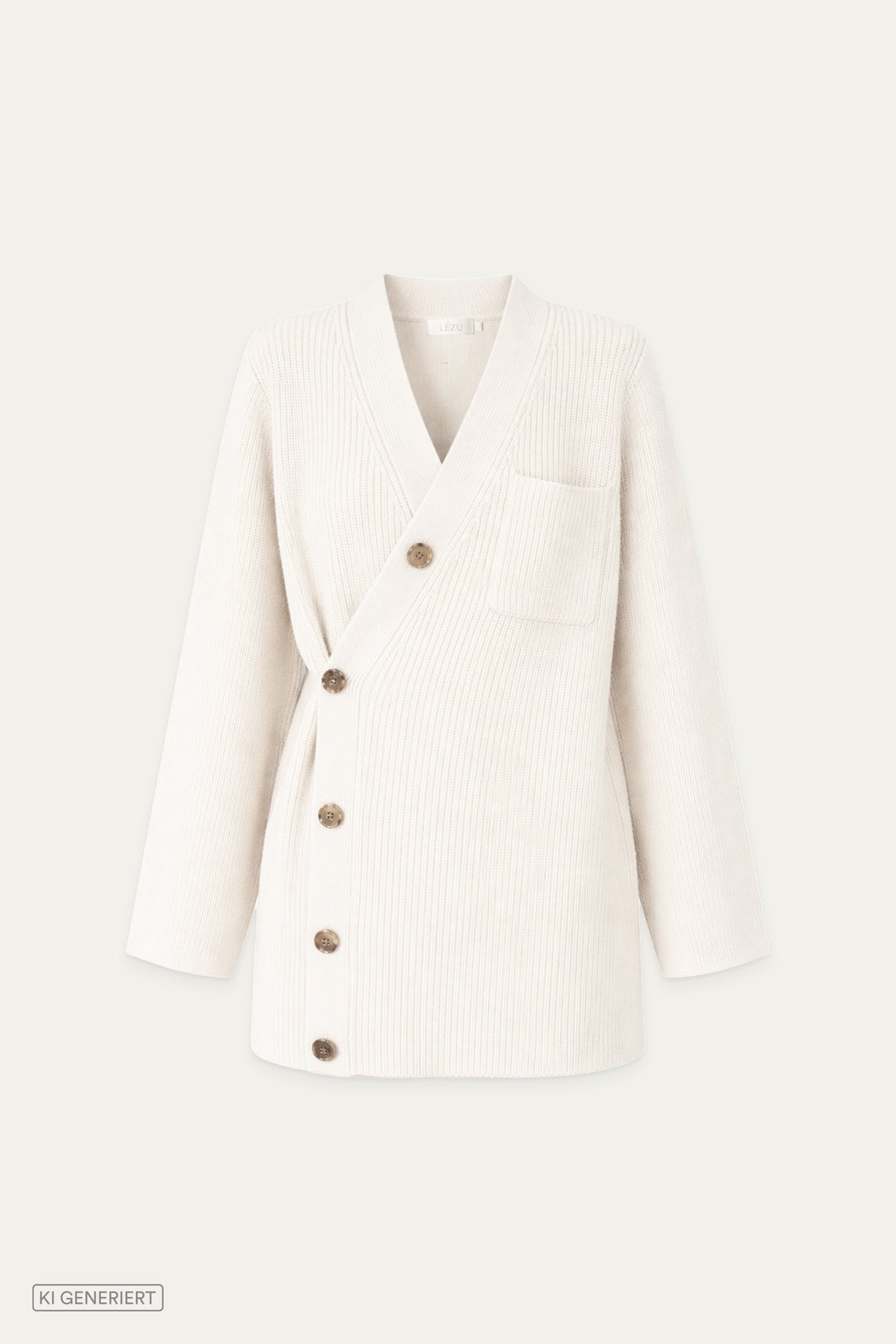 Cremeweiße lange Strickjacke mit V-Ausschnitt, asymmetrischer Knopfleiste, Brusttasche und langen Ärmeln in Vorderansicht.