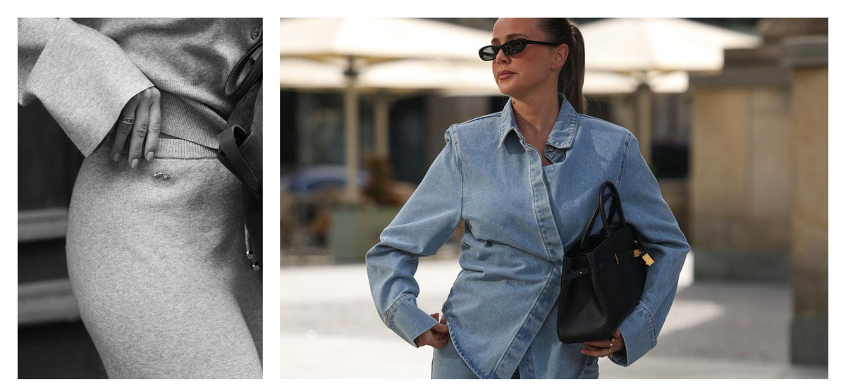 Zweiteilige Produktaufnahme mit Detailansicht eines hellgrauen Strick-Sets und Person in hellblauem Denim-Hemd im Freien.
