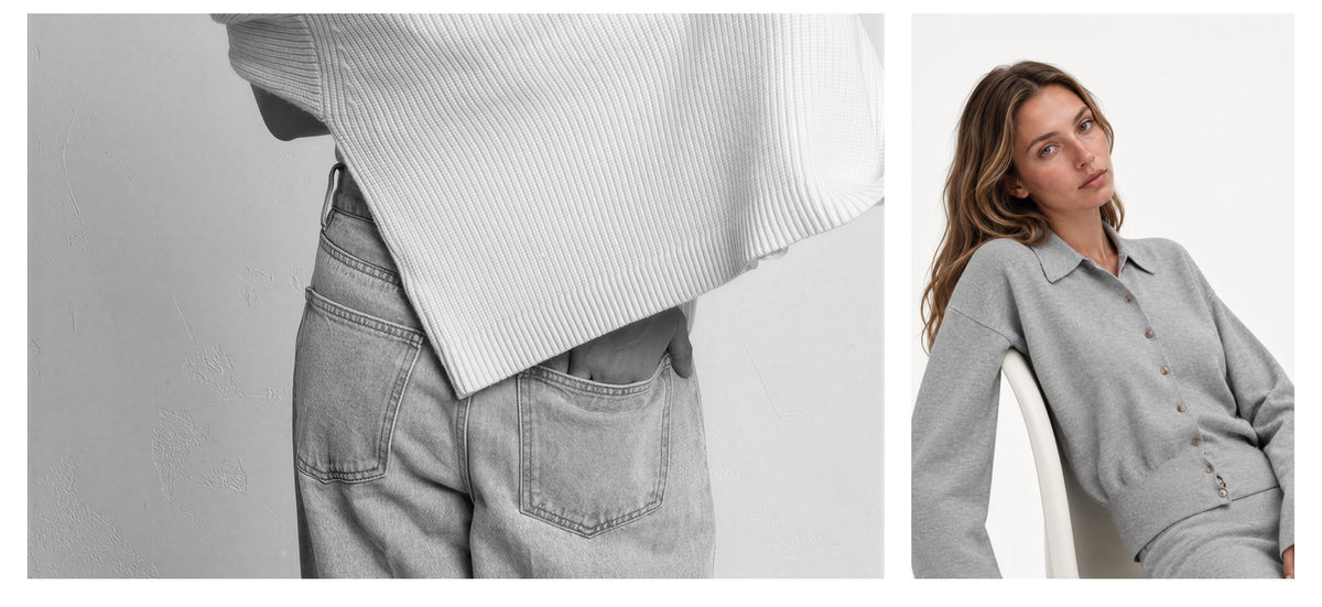 Zweiteilige Produktaufnahme mit Detailansicht einer hellen Jeans und Person in hellgrauer Strickjacke mit Kragen und passender Strickhose.
