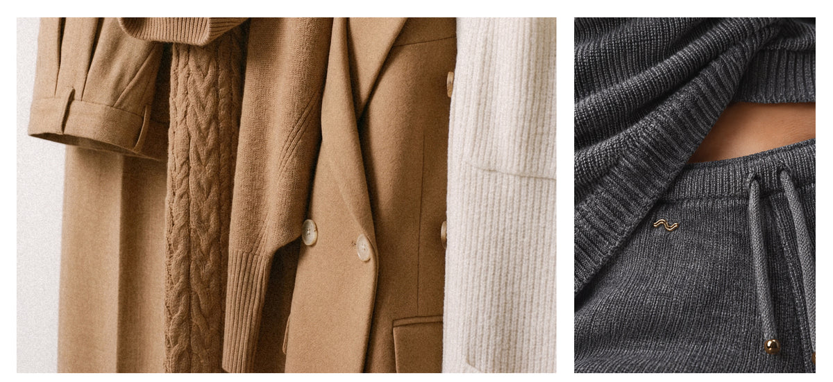 Detailaufnahmen verschiedener Strick- und Wolltextilien in Beige, Creme und Dunkelgrau mit sichtbaren Knopf-, Zopfmuster- und Bunddetails.
