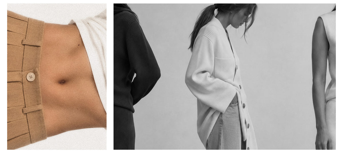 Collage mit Detailaufnahme einer beigefarbenen Hose und Schwarz-Weiß-Aufnahme von Models in verschiedenen Strick-Outfits.