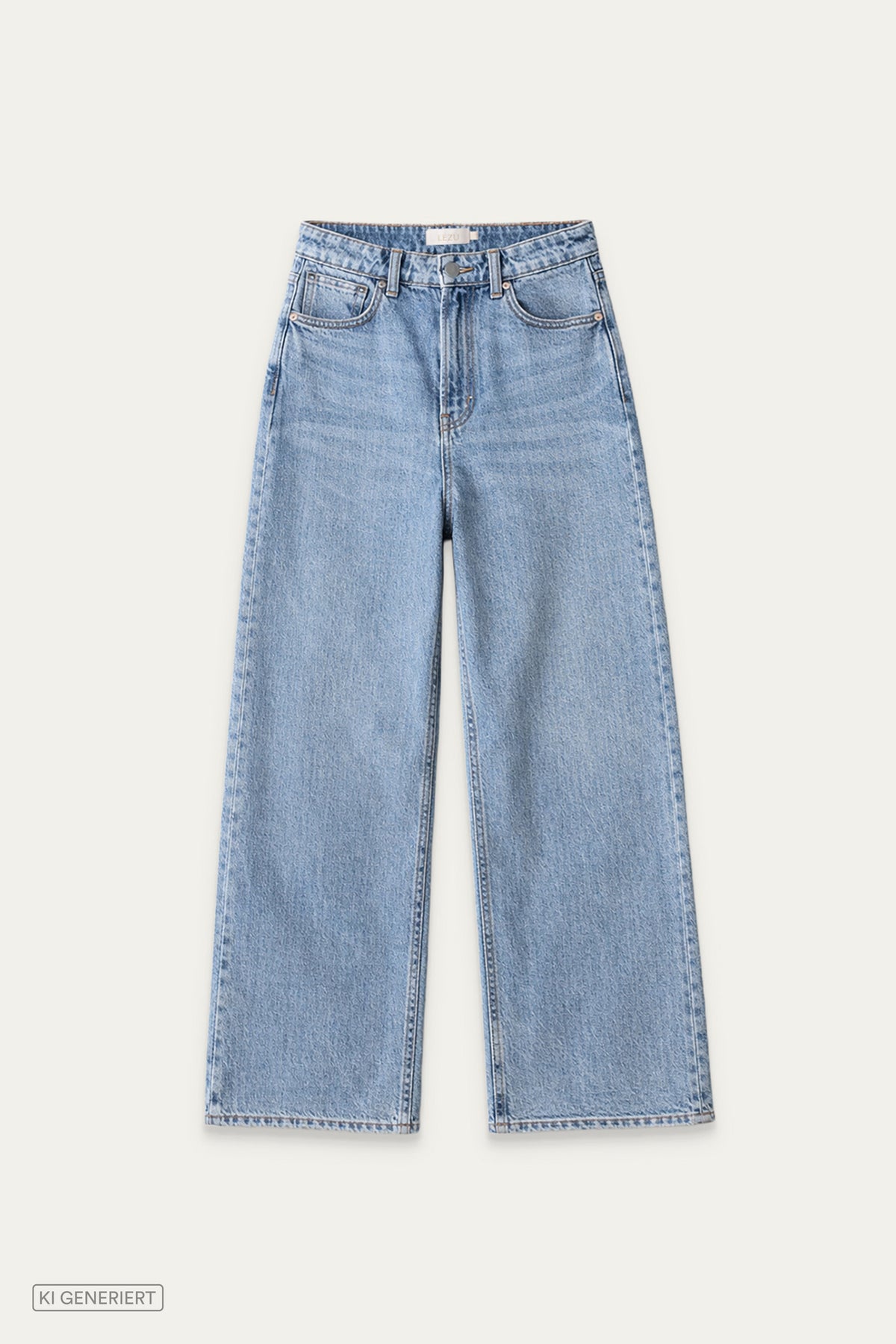Hellblaue Wide-Leg-Jeans mit hoher Taille, Gürtelschlaufen und seitlichen Eingrifftaschen in Vorderansicht.