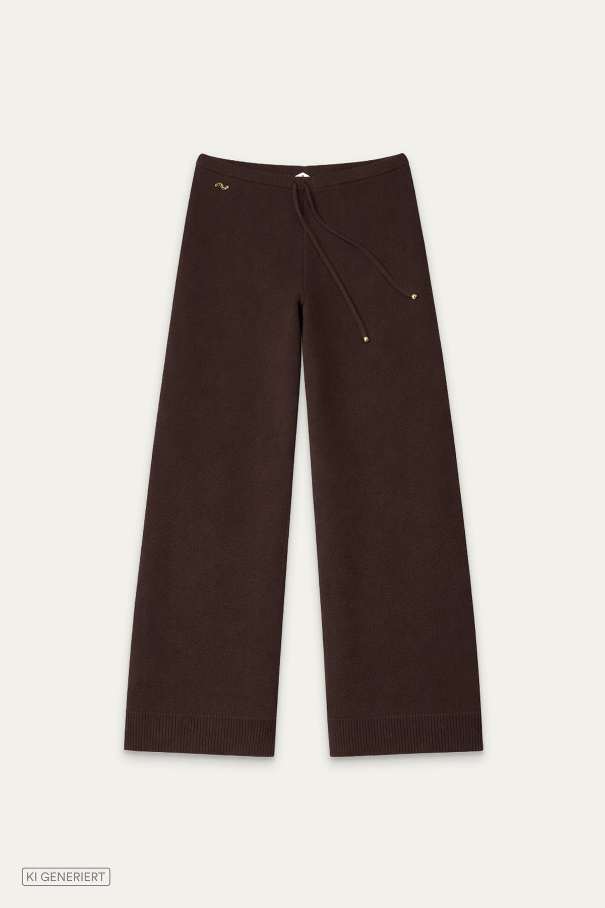 Dunkelbraune Rippstrickhose mit weitem Bein und elastischem Bund mit Kordelzug in Vorderansicht.