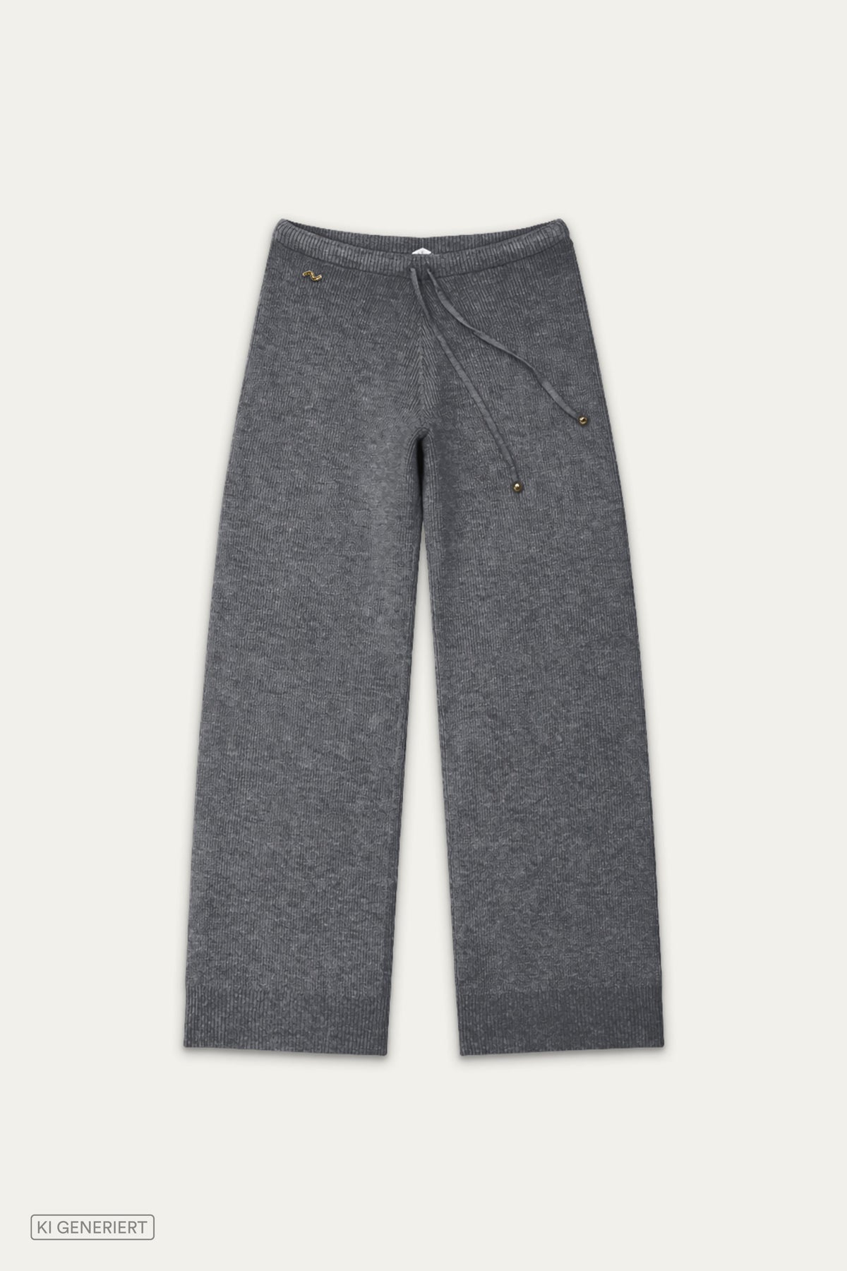 Dunkelgraue Rippstrickhose mit weitem Bein und elastischem Bund mit Kordelzug in Vorderansicht.