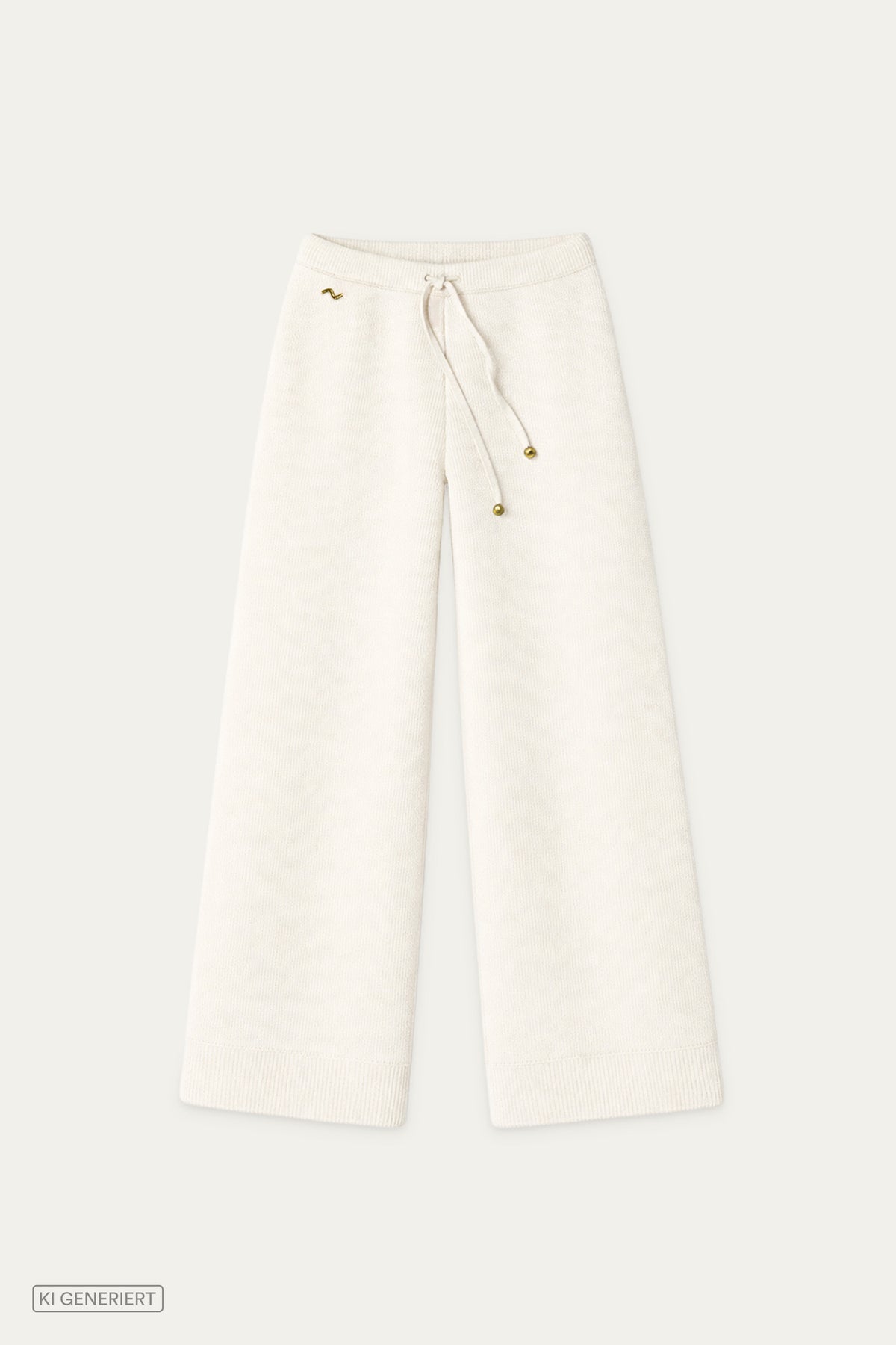 Cremeweiße Rippstrickhose mit weitem Bein und elastischem Bund mit Kordelzug in Vorderansicht.