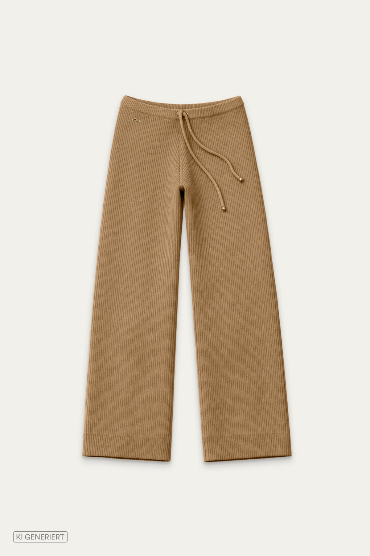 Camelbraune Rippstrickhose mit weitem Bein und elastischem Bund mit Kordelzug in Vorderansicht.