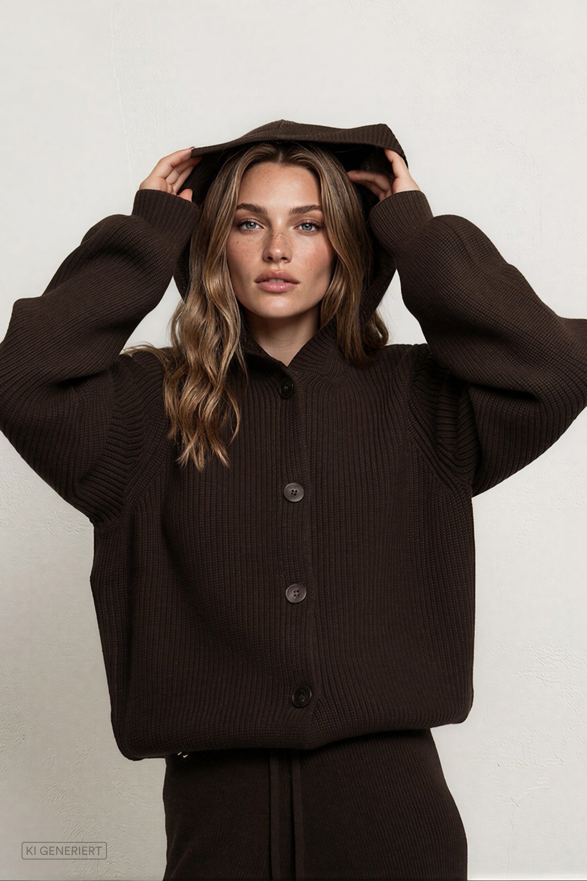 Model in dunkelbrauner Strickjacke mit Kapuze und Knopfleiste, die Kapuze mit beiden Händen über den Kopf hält.