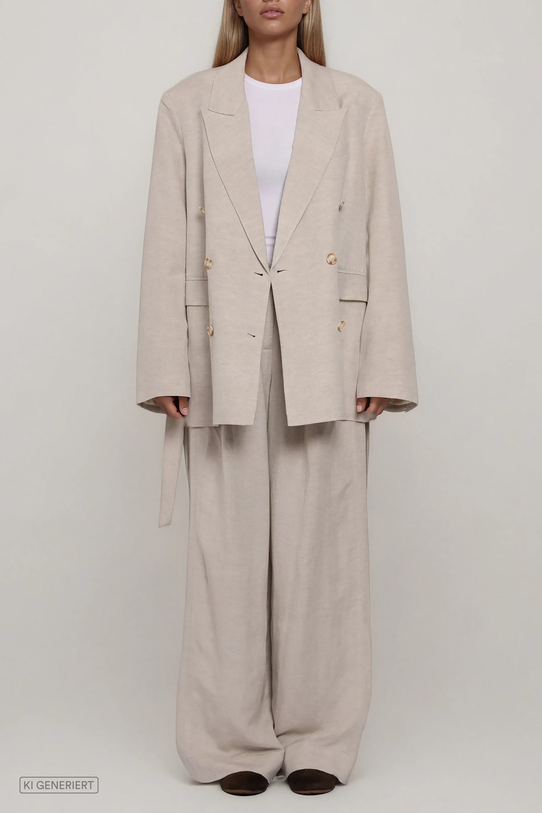 Beiger doppelreihiger Blazer mit Reverskragen und Knopfleiste, gerade Passform, kombiniert mit weiter Hose, Ganzkörperansicht