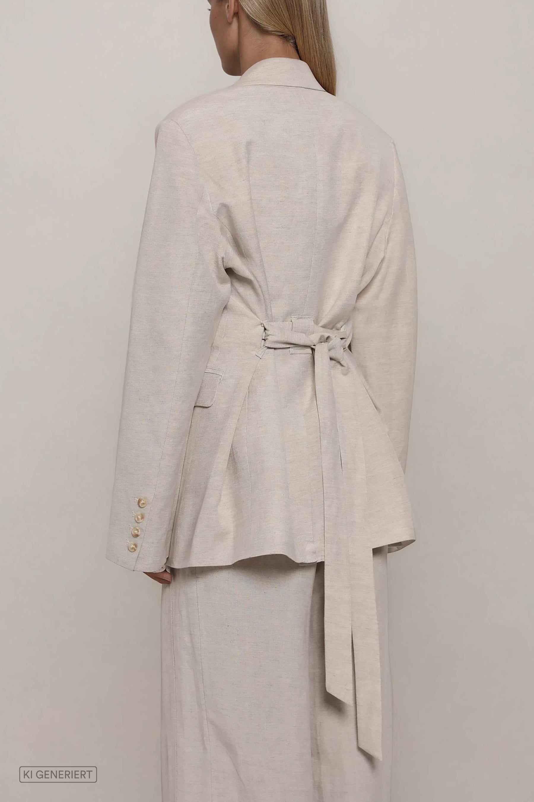 Beiger Blazer mit Taillengürtel und Schößchen, lange Ärmel mit Knopfdetails, Rückansicht