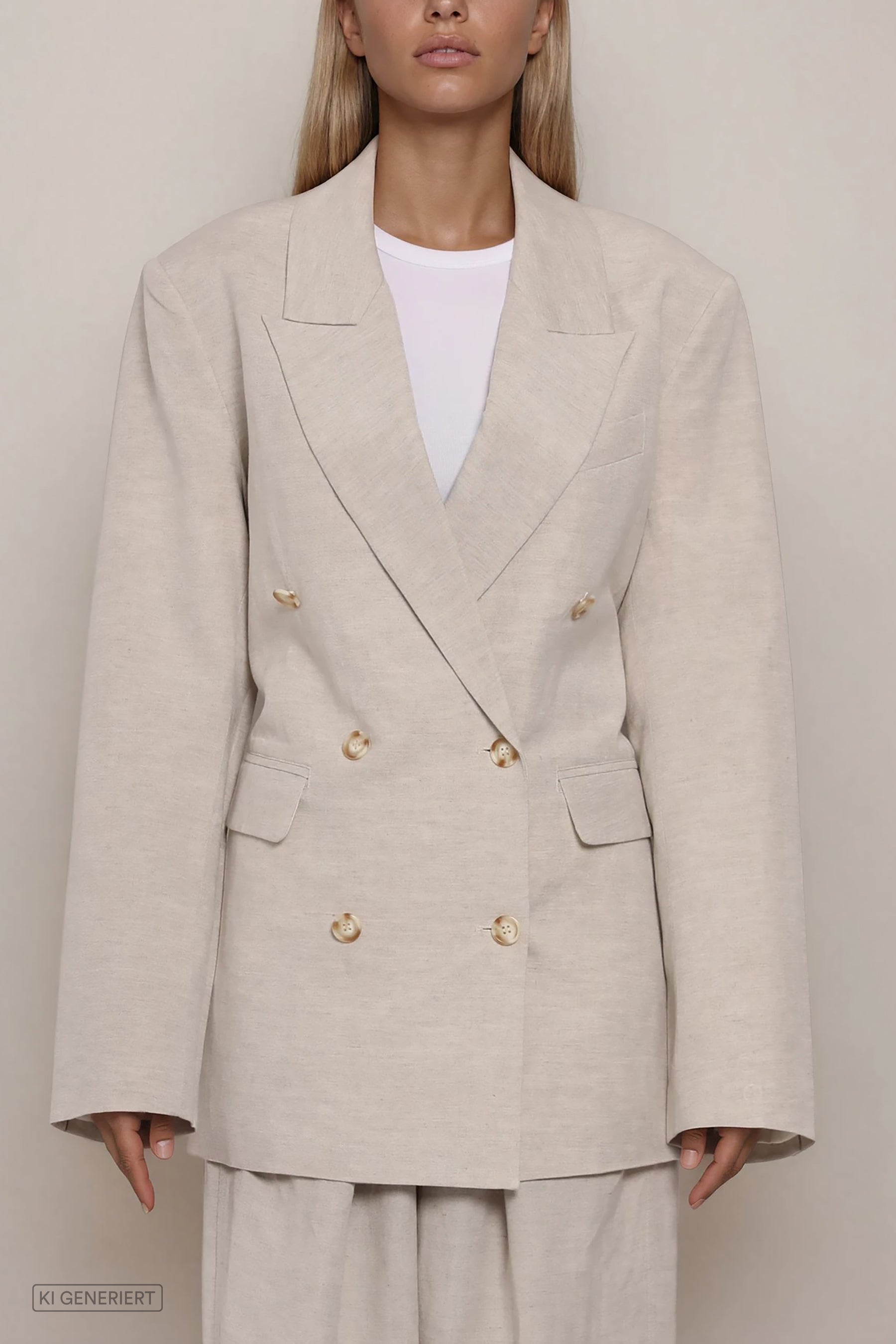 Beiger doppelreihiger Blazer mit Reverskragen und Knopfleiste, gerade Passform, Frontansicht