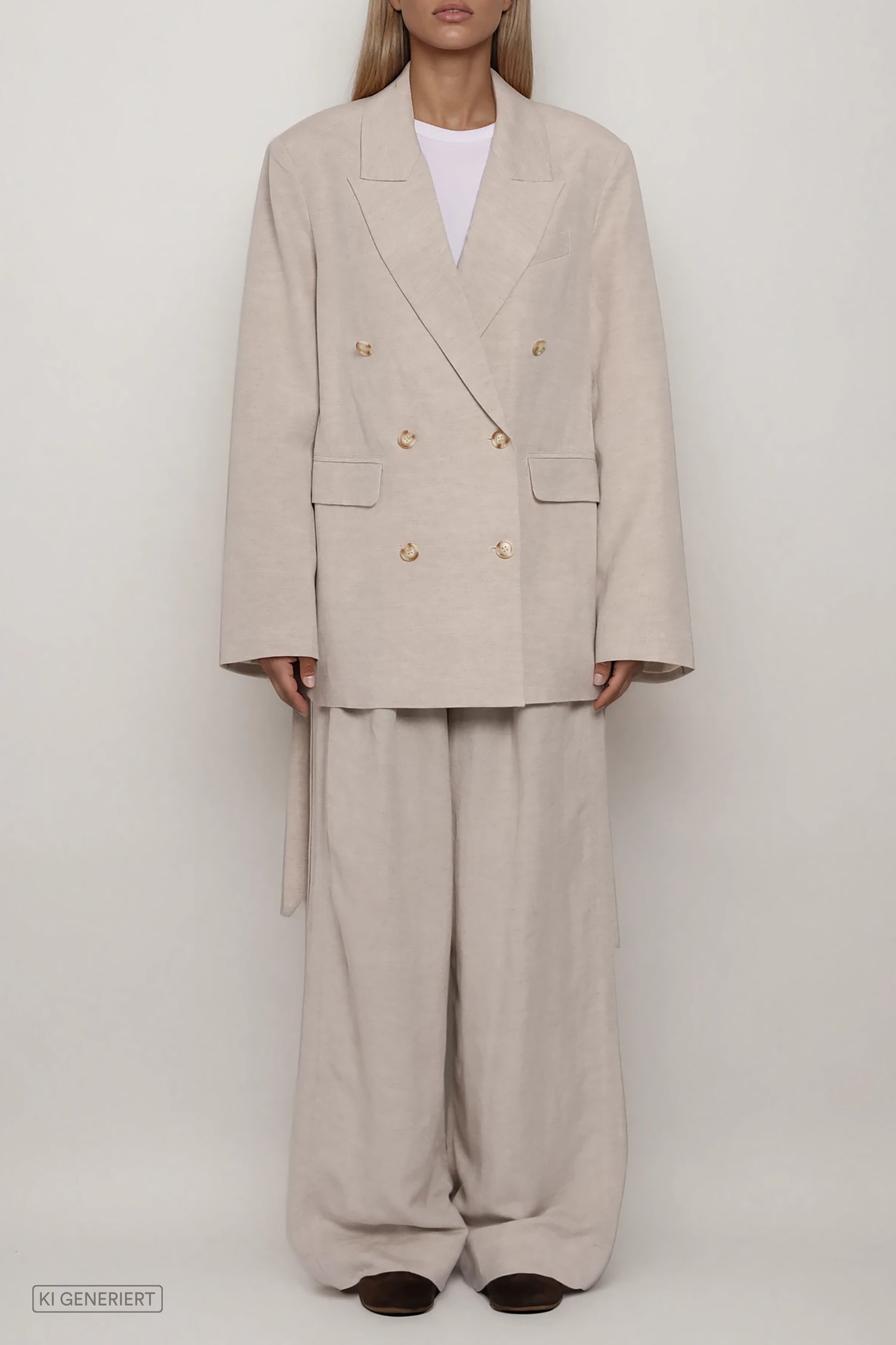 Beiger doppelreihiger Blazer mit Reverskragen und Knopfleiste, gerade Passform, kombiniert mit weiter Hose, Ganzkörperansicht
