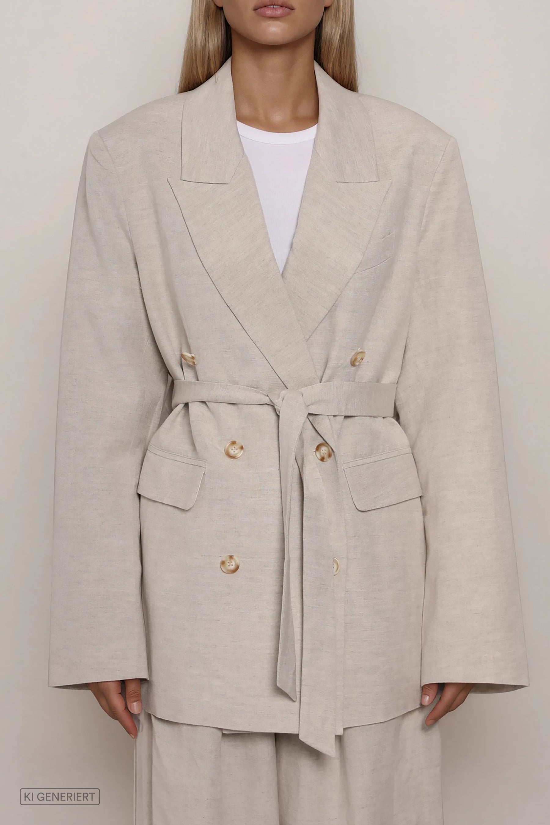 Beiger doppelreihiger Blazer mit Taillengürtel und Reverskragen, Knopfleiste, leicht taillierte Silhouette, Frontansicht