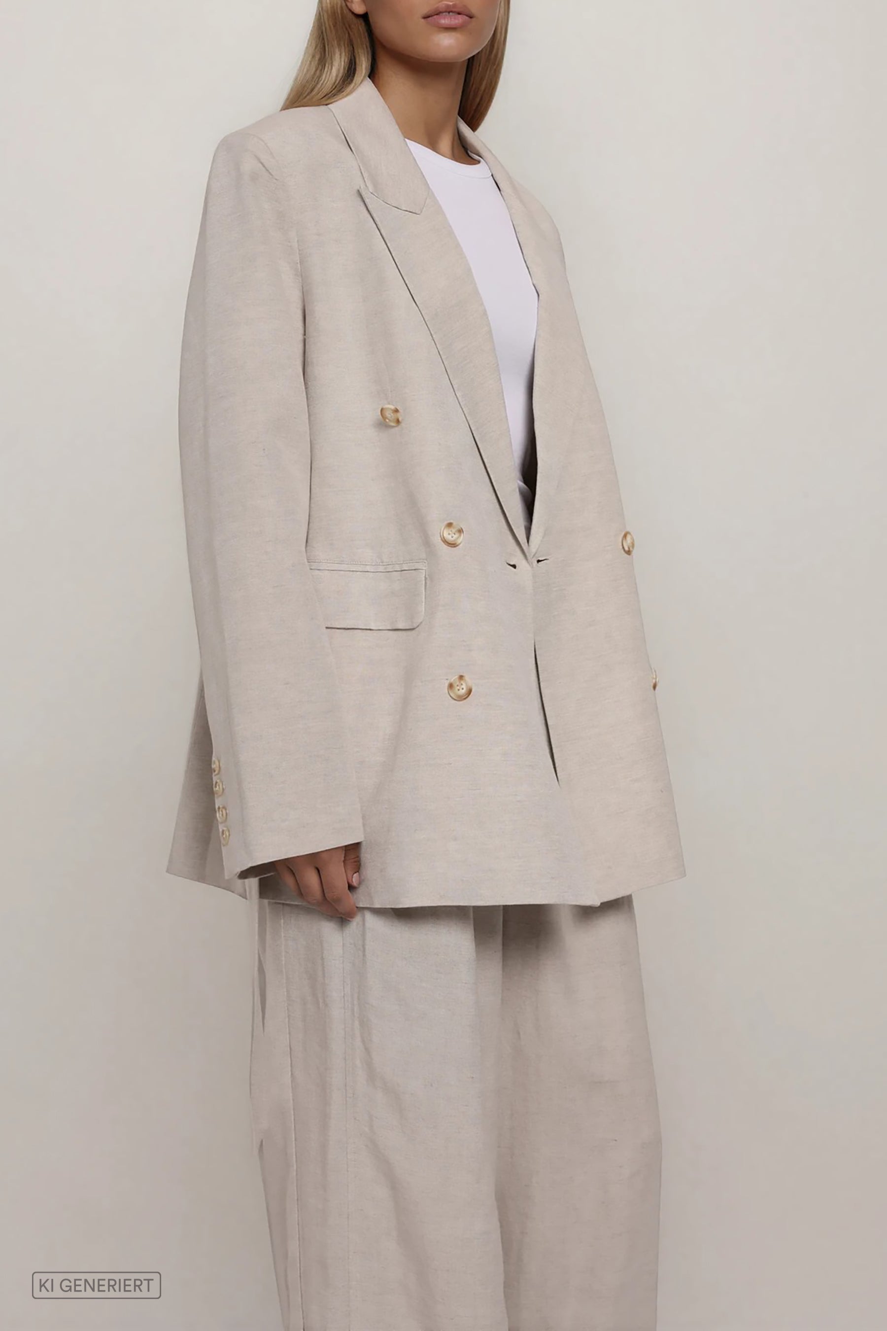 Beiger doppelreihiger Blazer mit Reverskragen und Knopfleiste, gerade Passform, Frontansicht