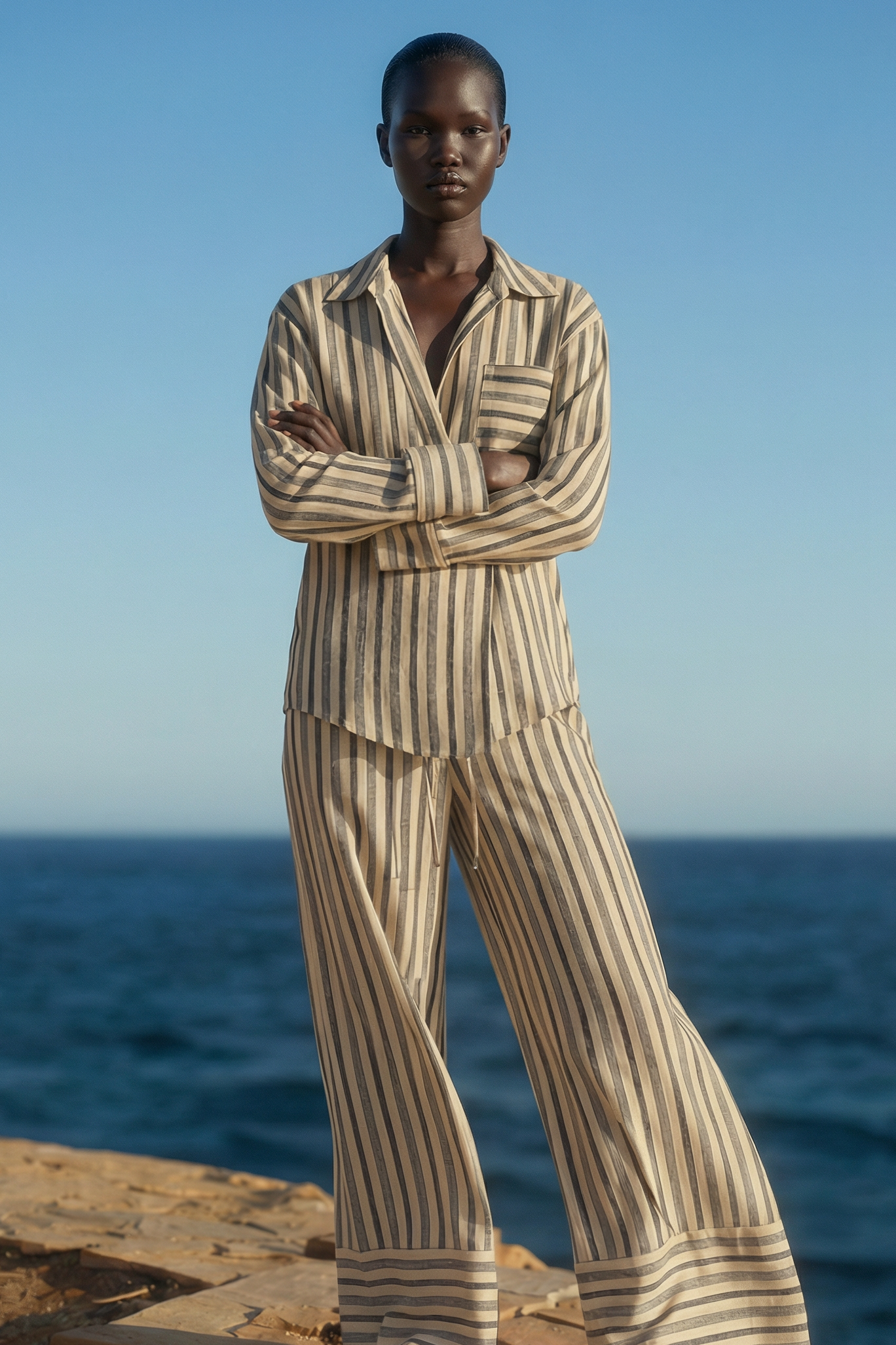 Gestreiftes zweiteiliges Set aus Hemd und weiter Hose in Beige und Dunkelgrau, getragen am Meer mit locker fallender Passform