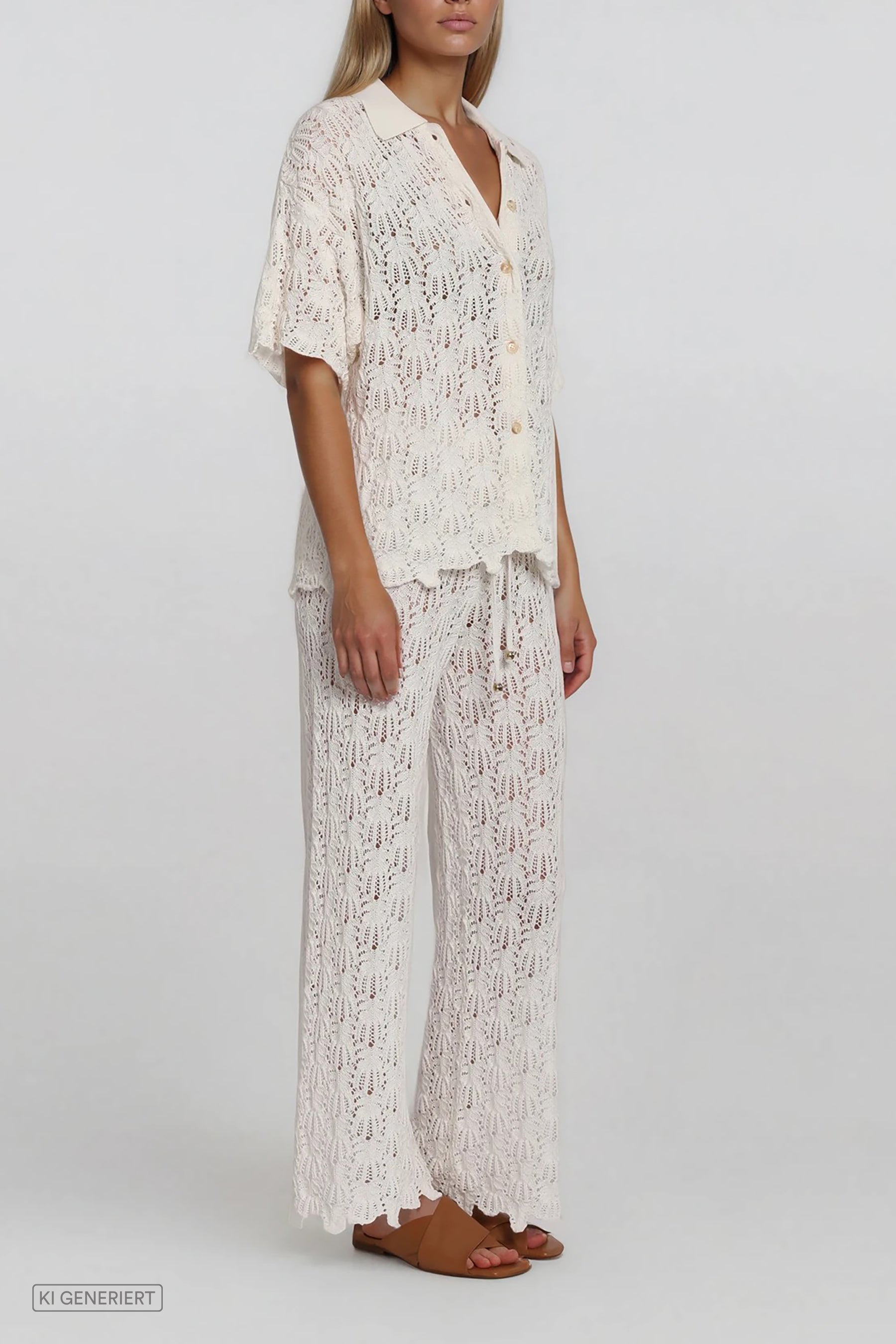 Schrägansicht eines weißen Strick-Sets mit kurzärmligem Cardigan und weiter Hose aus Lochstrick