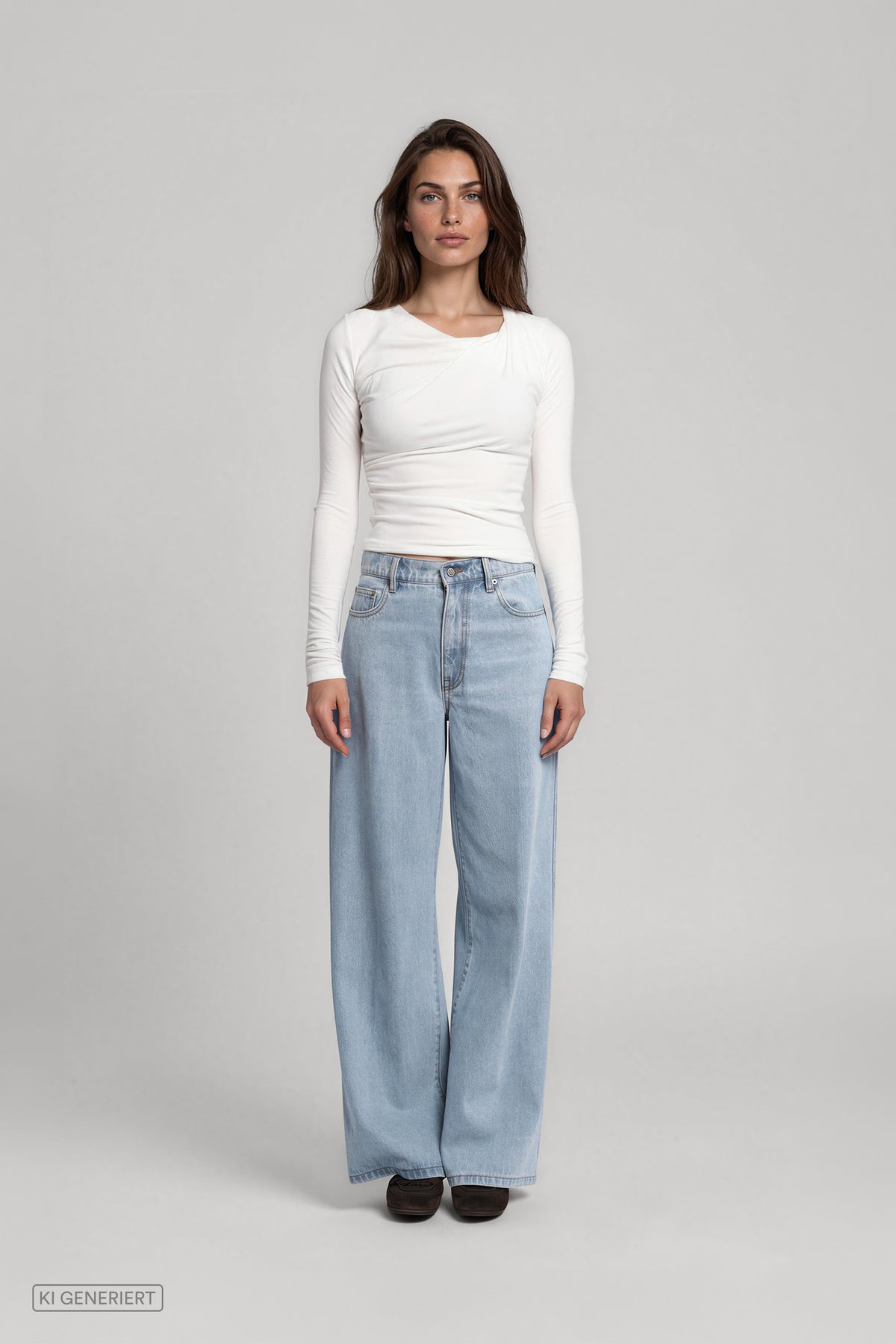 Vorderansicht eines Models in einem weißen, langärmeligen Oberteil mit Drapierung und einer hellblauen, weit geschnittenen Jeans.