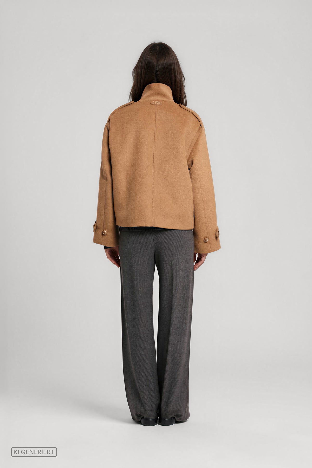 Rückansicht eines Models in einer camelbraunen Kurzjacke mit hohem Stehkragen, Schulterriegeln und Knopfdetails an den Ärmeln, kombiniert mit einer dunkelgrauen, weit geschnittenen Hose.