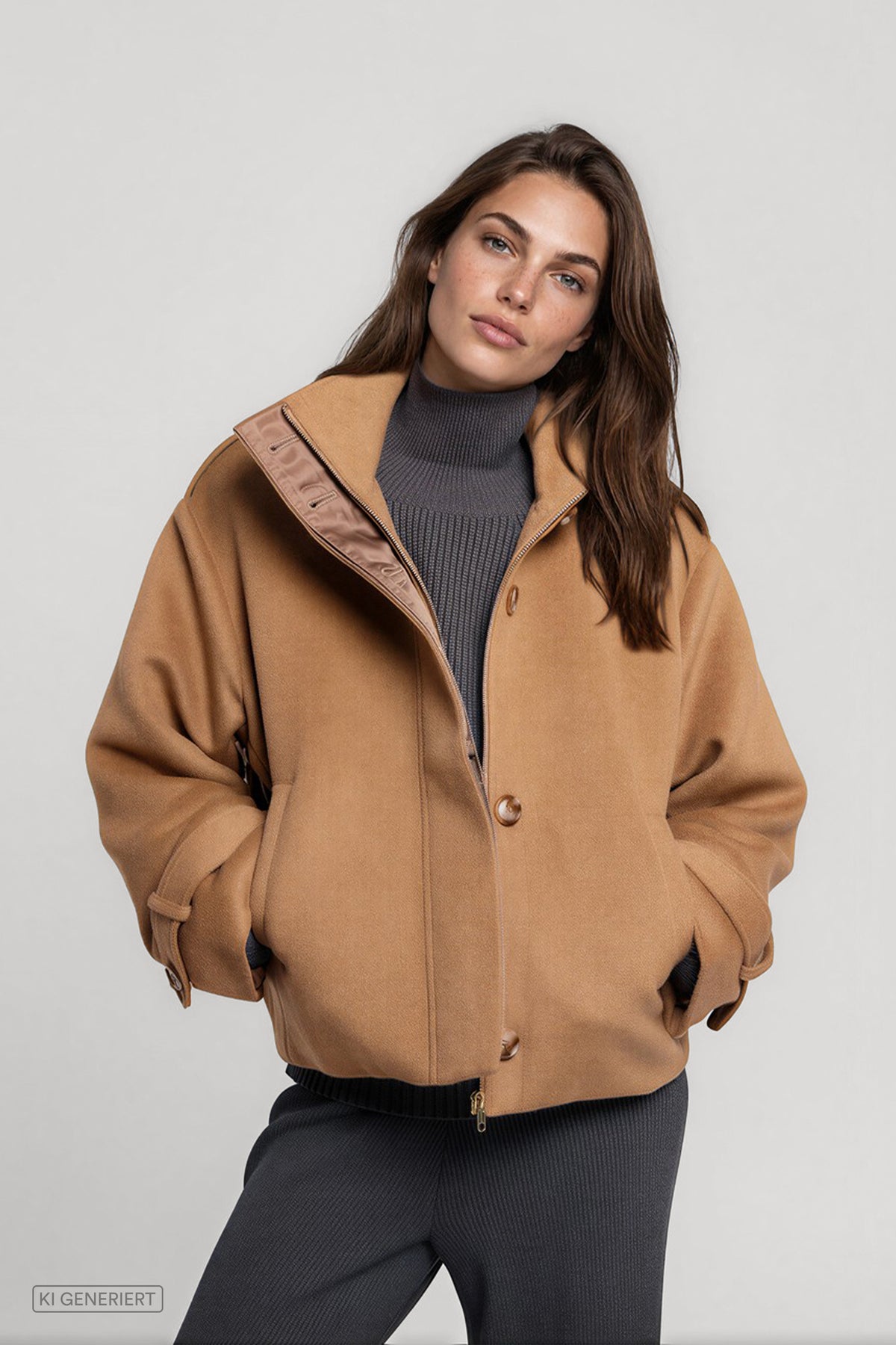 Vorderansicht eines Models in einer camelbraunen Kurzjacke mit hohem Stehkragen, Knopf- und Reißverschluss sowie seitlichen Eingrifftaschen, kombiniert mit einem dunkelgrauen Rollkragenpullover und einer dunkelgrauen Hose.