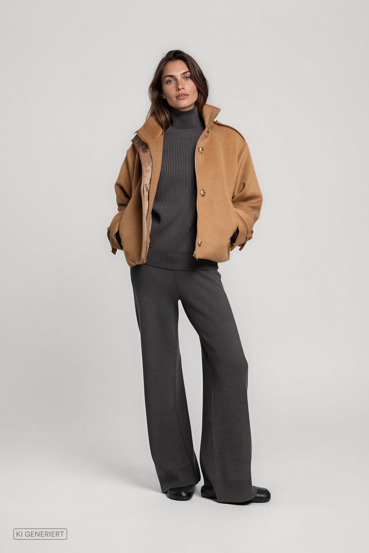 Vorderansicht eines Models in einer camelbraunen Kurzjacke mit hohem Stehkragen, Knopf- und Reißverschluss, kombiniert mit einem dunkelgrauen Rollkragenpullover und einer weit geschnittenen dunkelgrauen Hose.