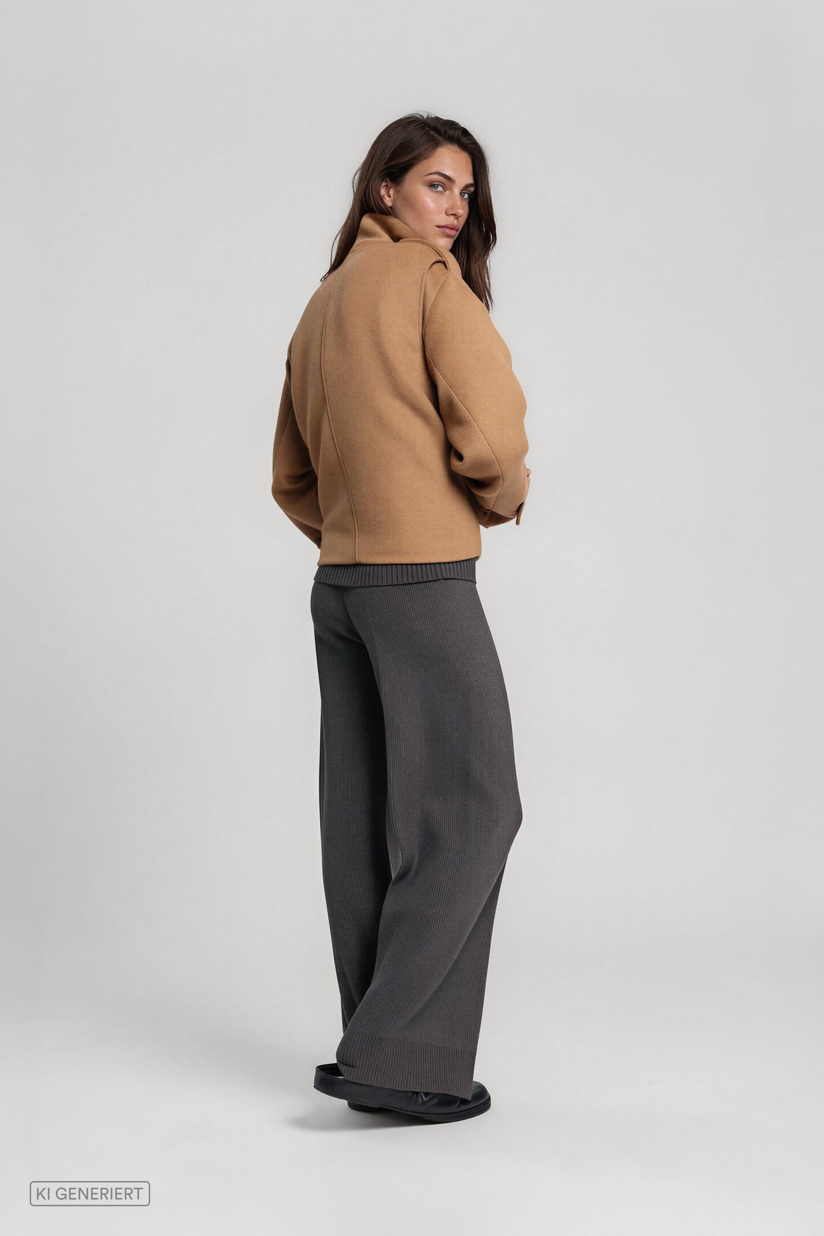 Rückansicht eines Models in einer camelbraunen Kurzjacke mit hohem Stehkragen und Schulterriegeln, kombiniert mit einer dunkelgrauen, weit geschnittenen Hose.