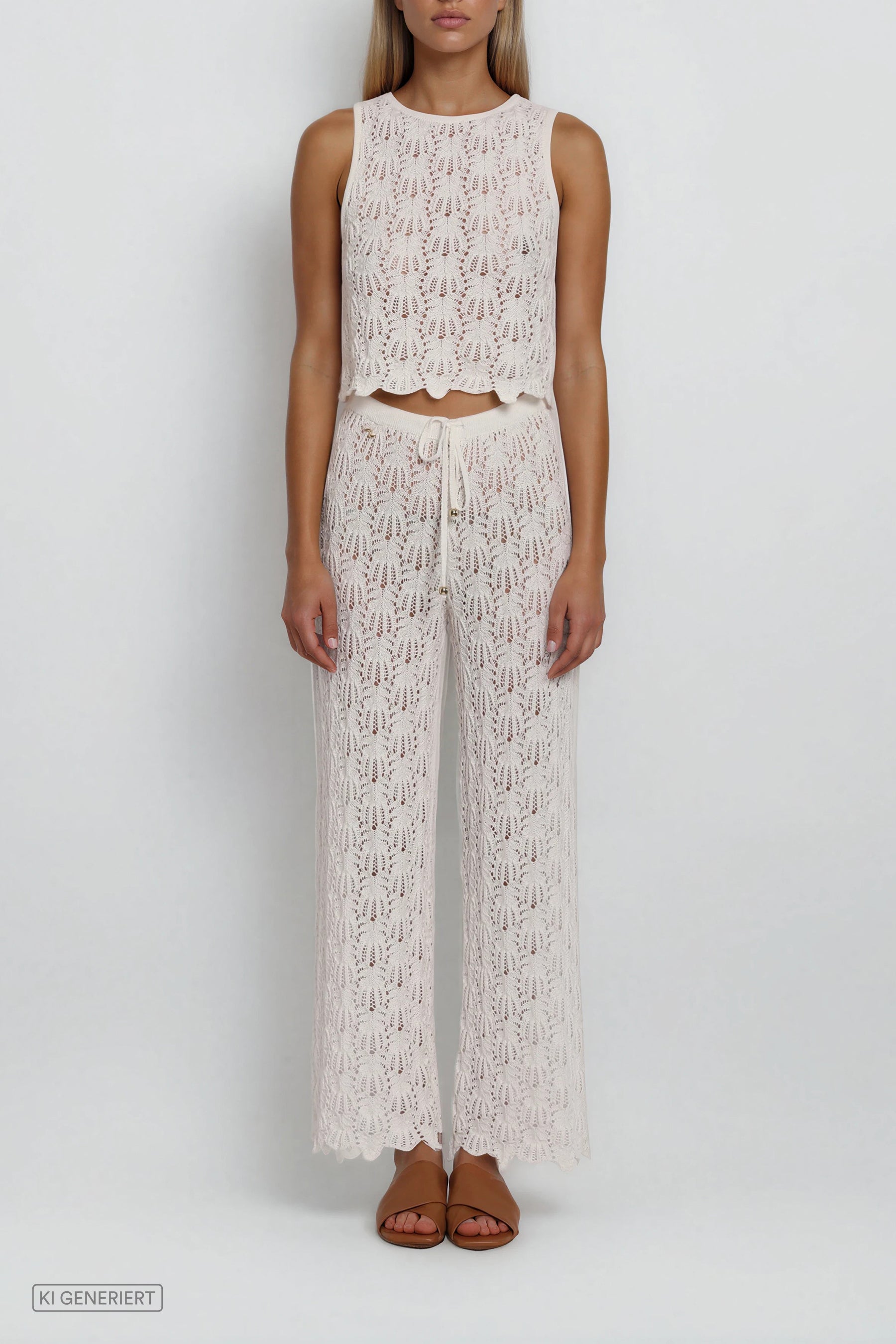 Weißes zweiteiliges Strick-Set mit ärmellosem Crop-Top und weiter Hose, Frontansicht
