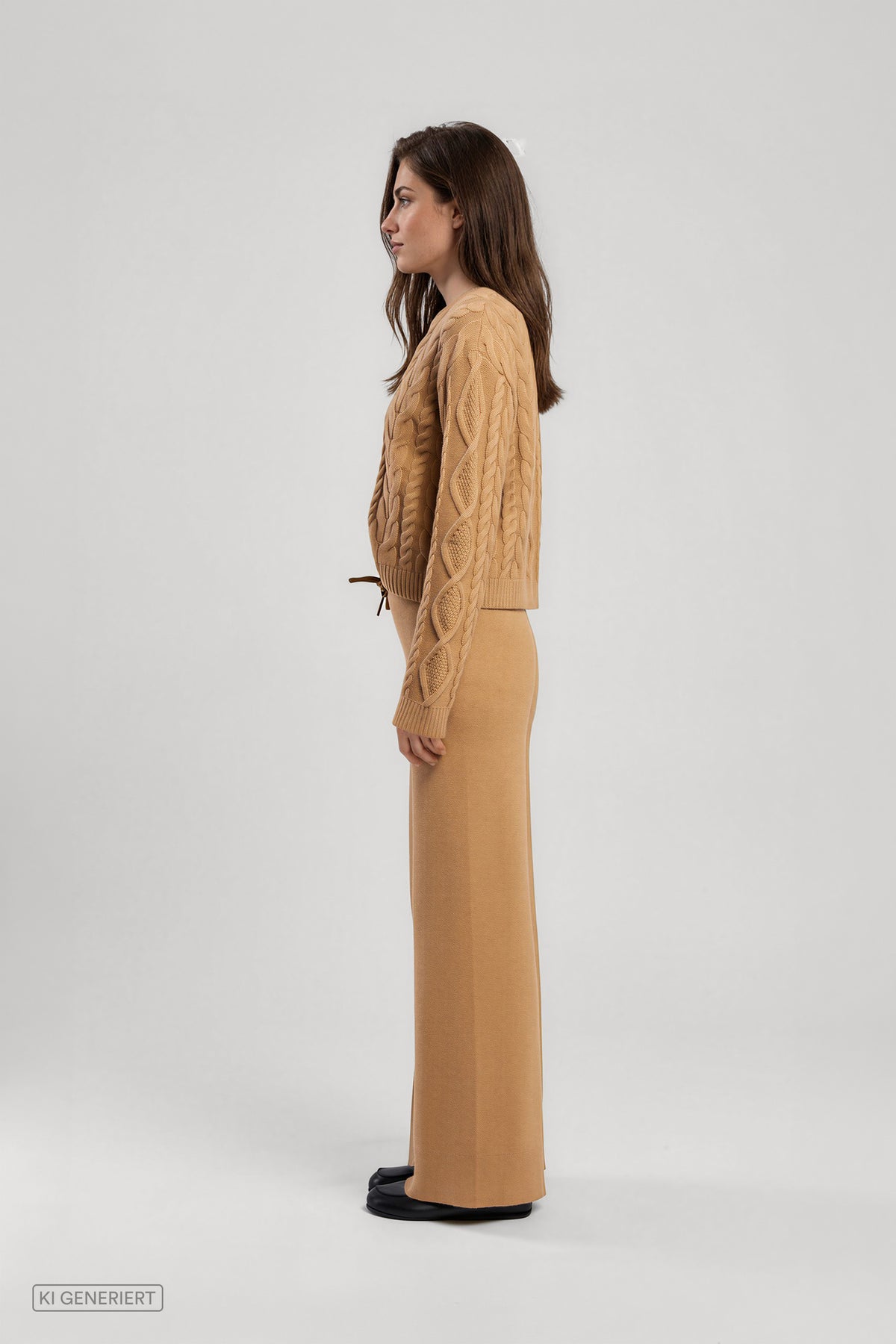 Seitenansicht eines Models in einem camelbraunen Strickset aus Pullover mit Zopfmuster und weit geschnittener Strickhose.